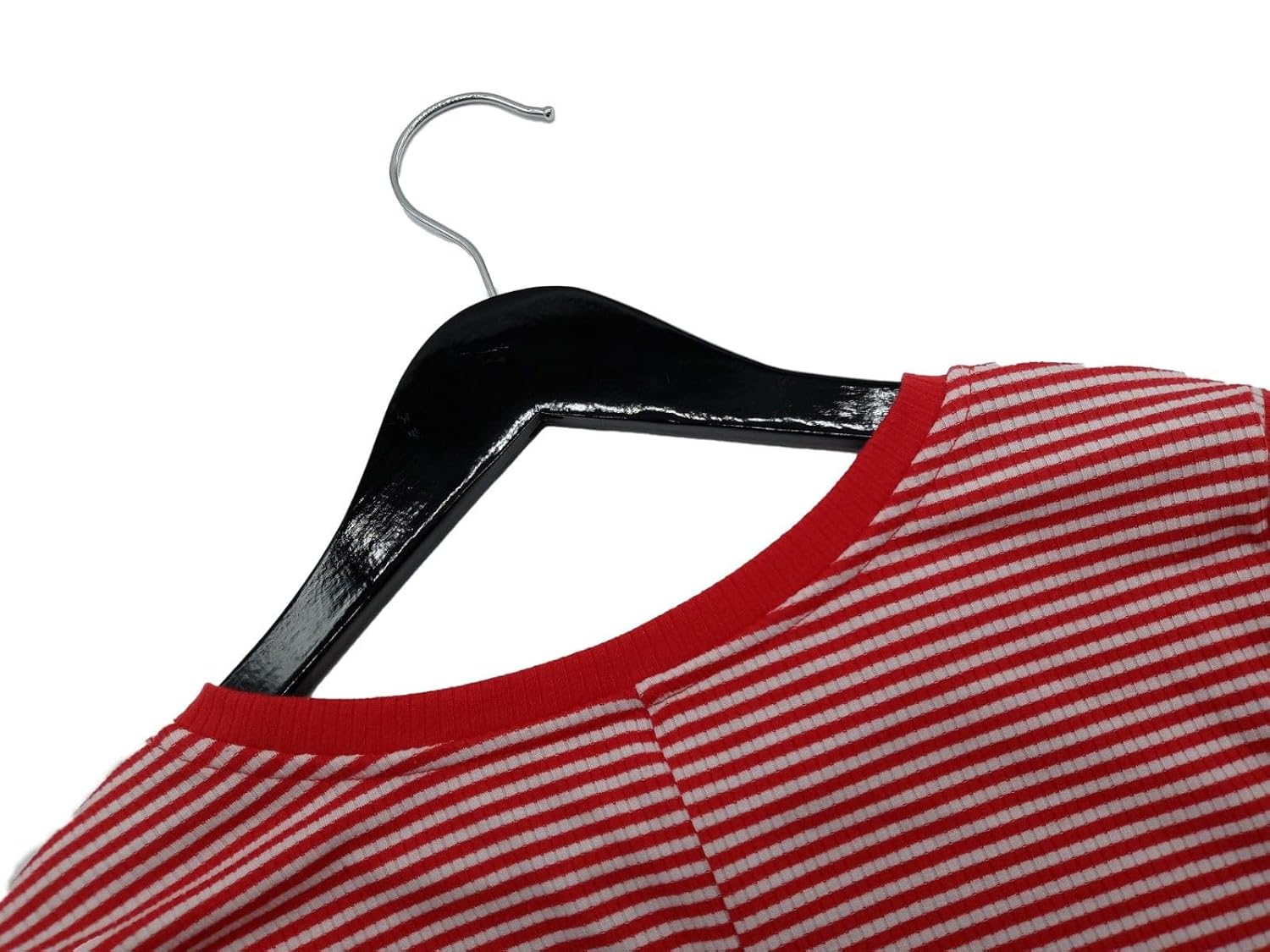 NAHANCO Wooden Shirt Hanger, 17" - High Gloss Black with Bright Chrome Hook (Pack of 25)