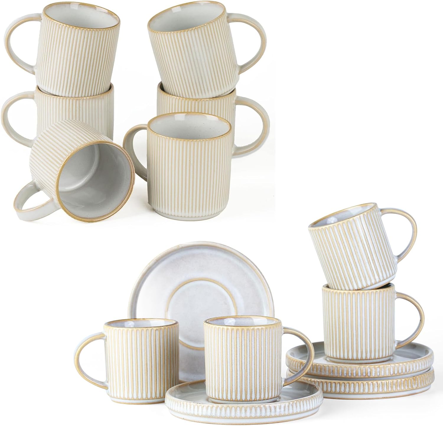 famiware Star Coffee Mug Set for 6 (12 oz) - Espresso Cups and Saucers Set of 4 (3 oz) - Star Stoneware Cups - Cappuccino White