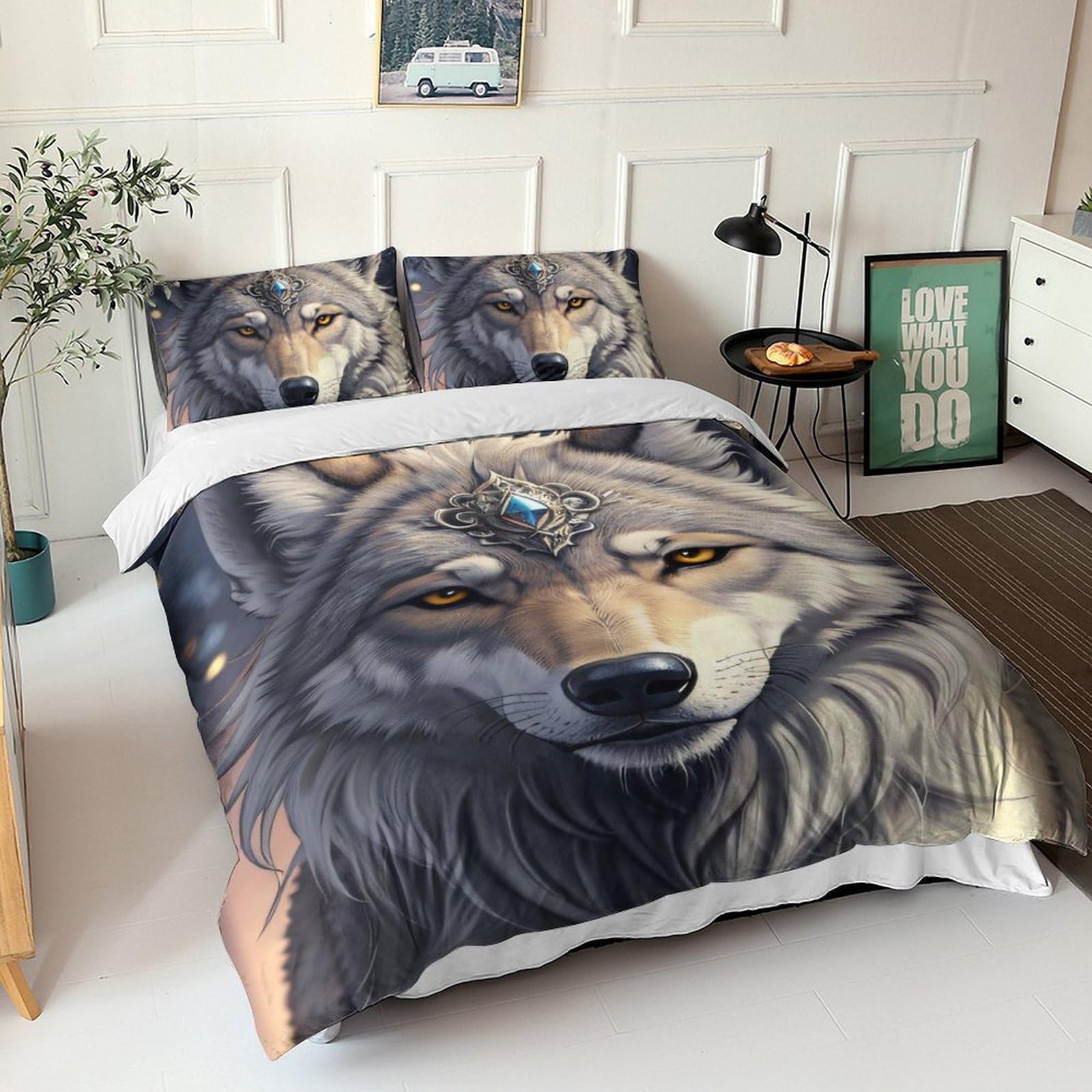 Housse de couette loup imprimé 3D parure de lit microfibre 3 pièces pour adulte et enfant