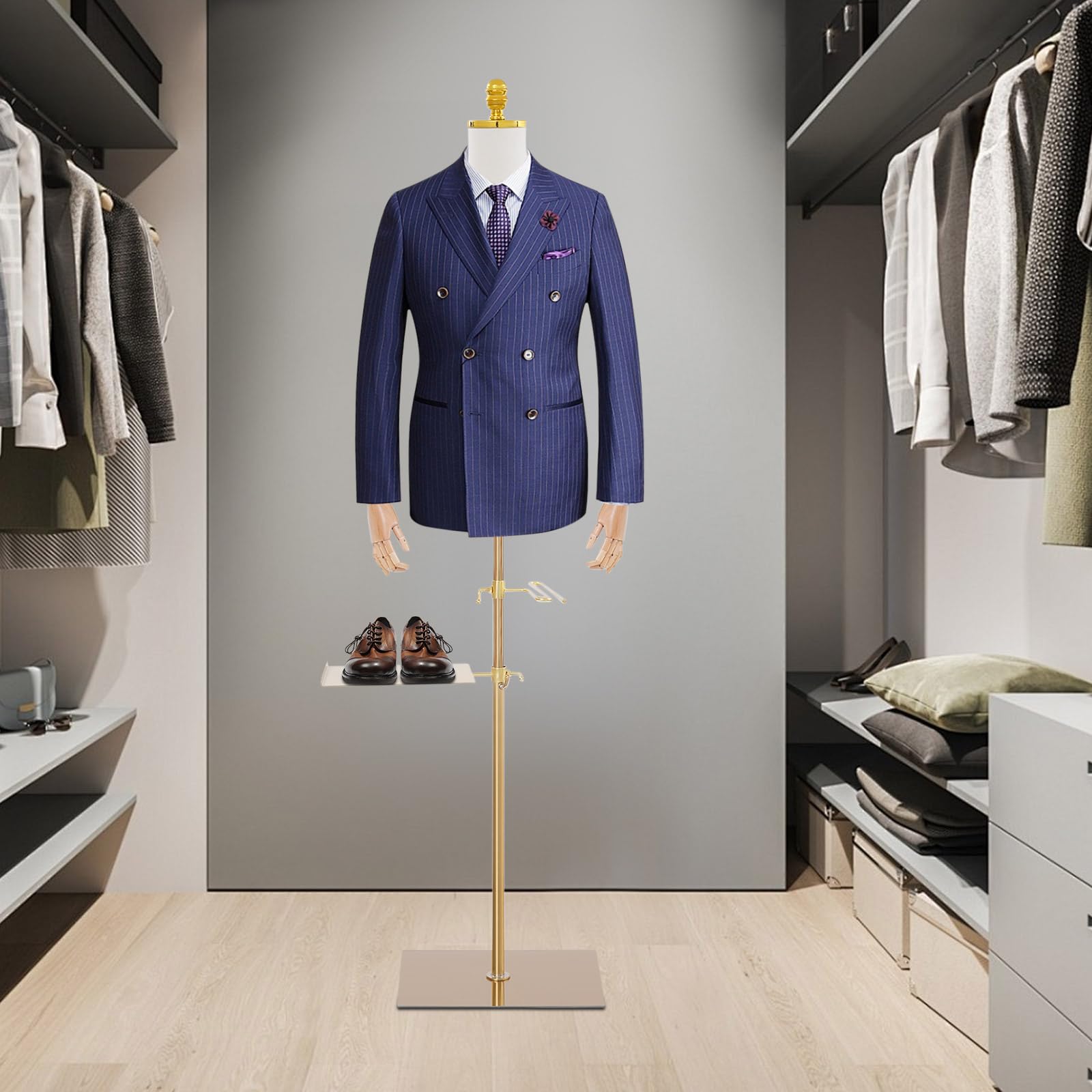 Schaufensterpuppe Männliche Verstellbare Höhe 70-130cm Mannequin Herren mit Holz Armen + Hosenständer + Schuhständer Kleiderform Verstellbarem Torso & Pose Kleiderpuppe für Boutiquen, Geschäfte