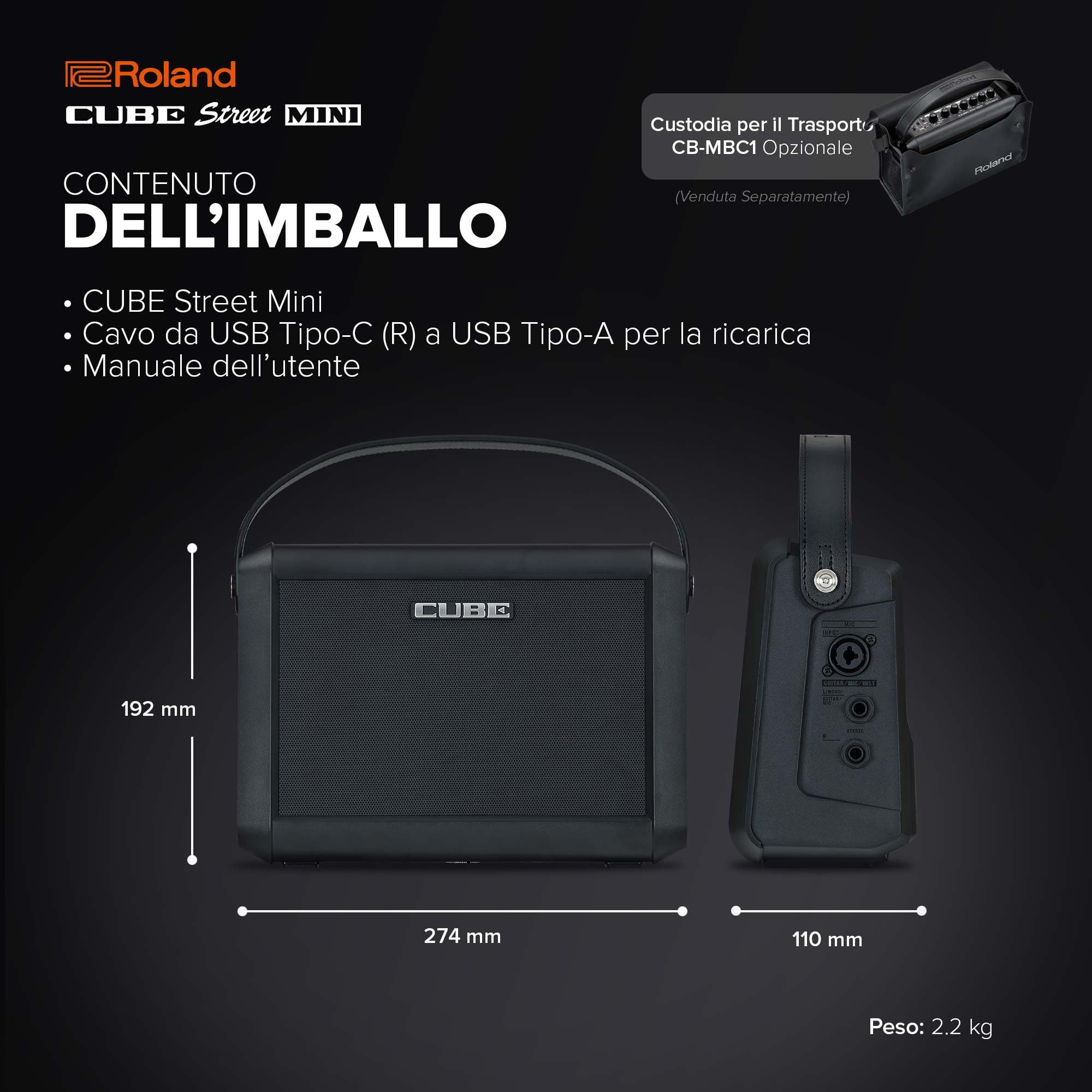 Roland CUBE Street Mini | Amplificatore ultra-compatto | Suono eccezionale | Ideale per i piccoli eventi | Supporta microfoni, strumenti e altro | Fino a 7 ore di autonomia della batteria