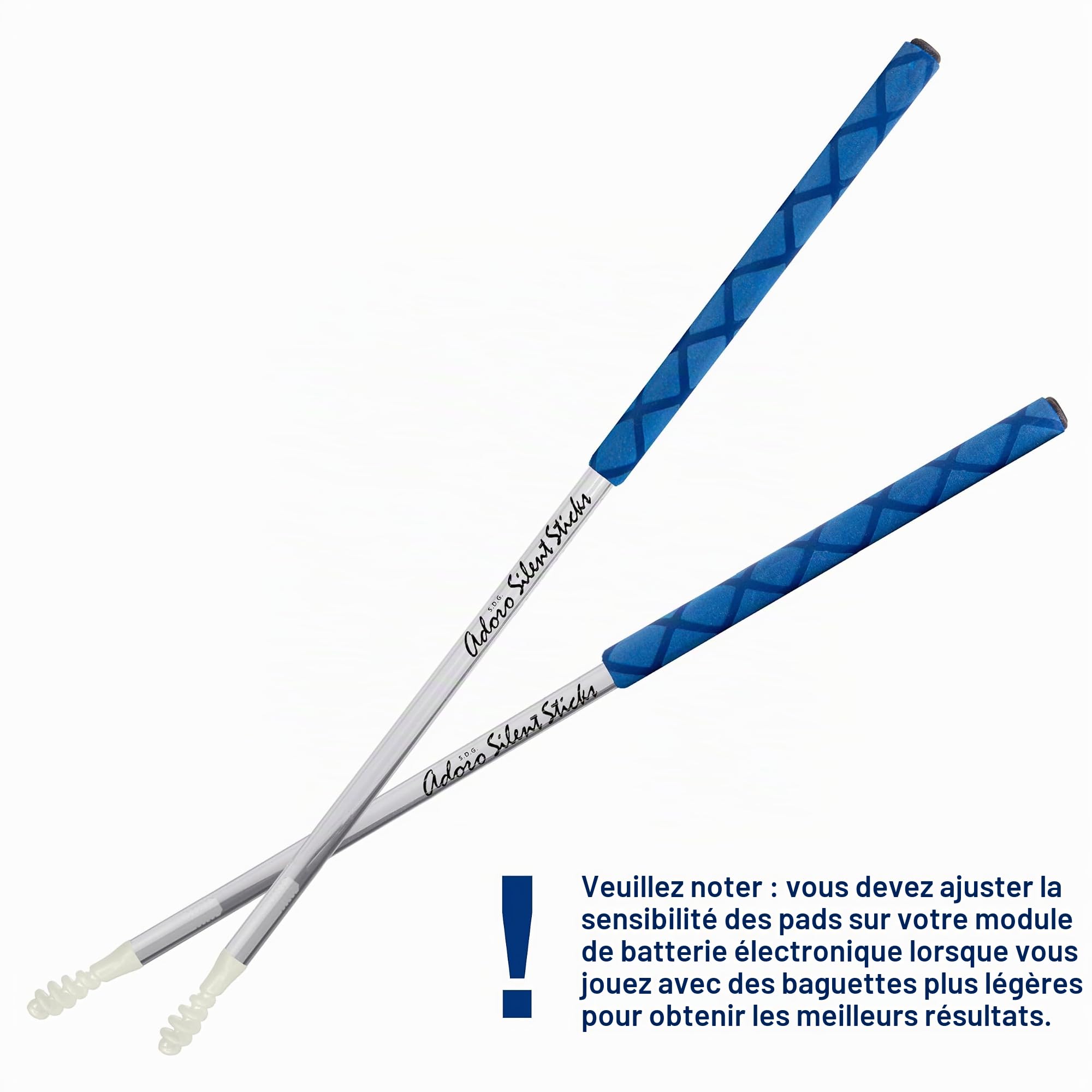 Adoro Silent e-Sticks Blue – Baguettes silencieuses pour batterie électrique et pad de batterie – Le bâton silencieux réduit les bruits de contact forts et protège les coussinets en même temps –