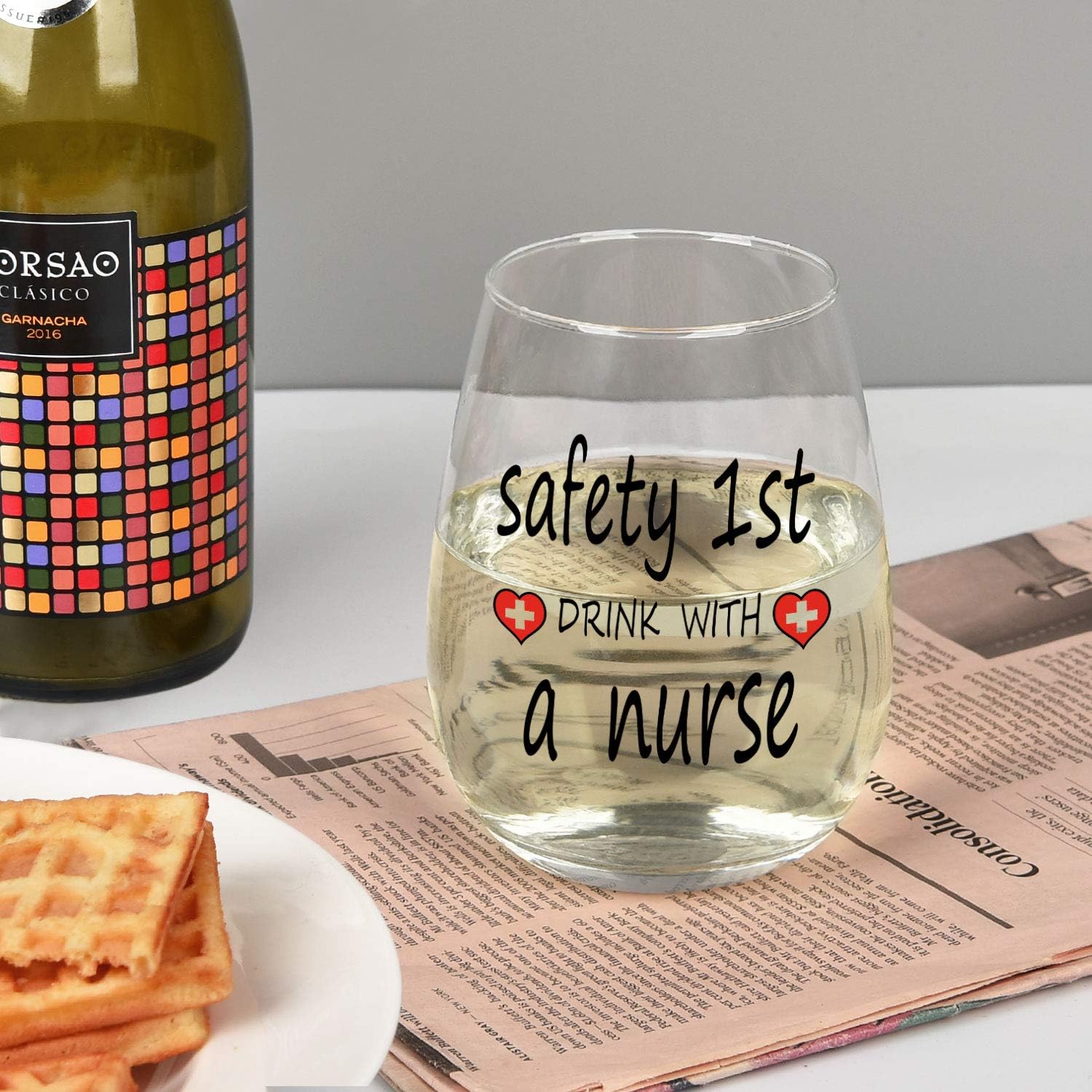 Flash Deals - 80% OFF Safety 1st Drink With A Nurse Wine Glass, 15Oz Funny Stemless Wine Glass - Nurse Gifts for Women, Men, Nursing Students, Practitioner, Coworker, Nursing School