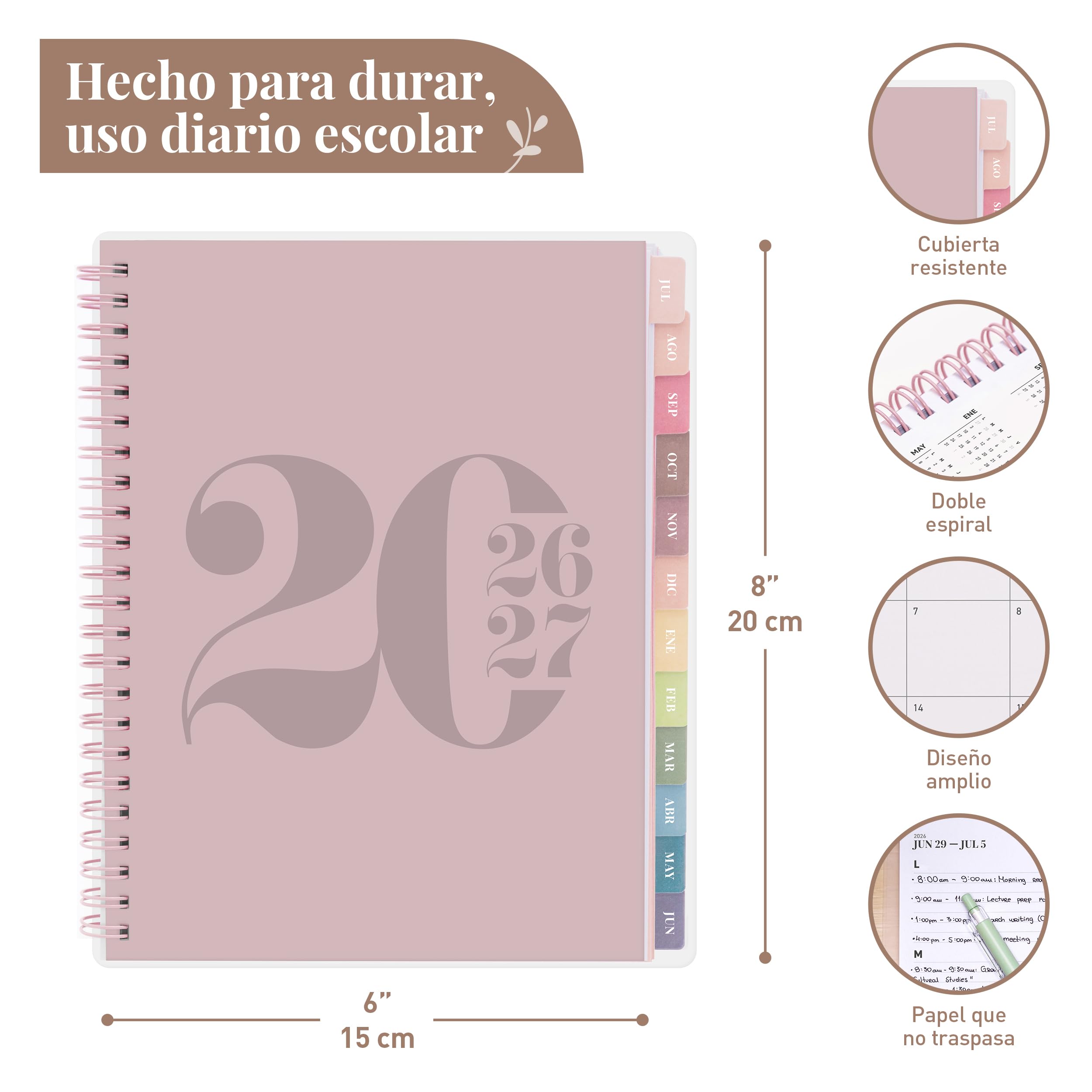 Rileys Agenda Escolar 2026–2027, Agenda Anillas 2026 con Planificador Diario Académica, Planner Universitaria para uso Escolares, Dietario tipo para Citas (20 × 15 cm, Rosa, Tipográfico, en español)