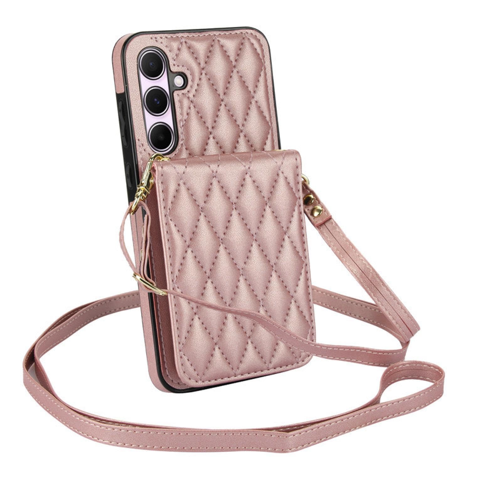 Für Samsung S23 Ultra Crossbody Lanyard Leder Brieftasche Karte Handyhülle Flip Stand Cover (Für Samsung S23 Ultra/Roségold)