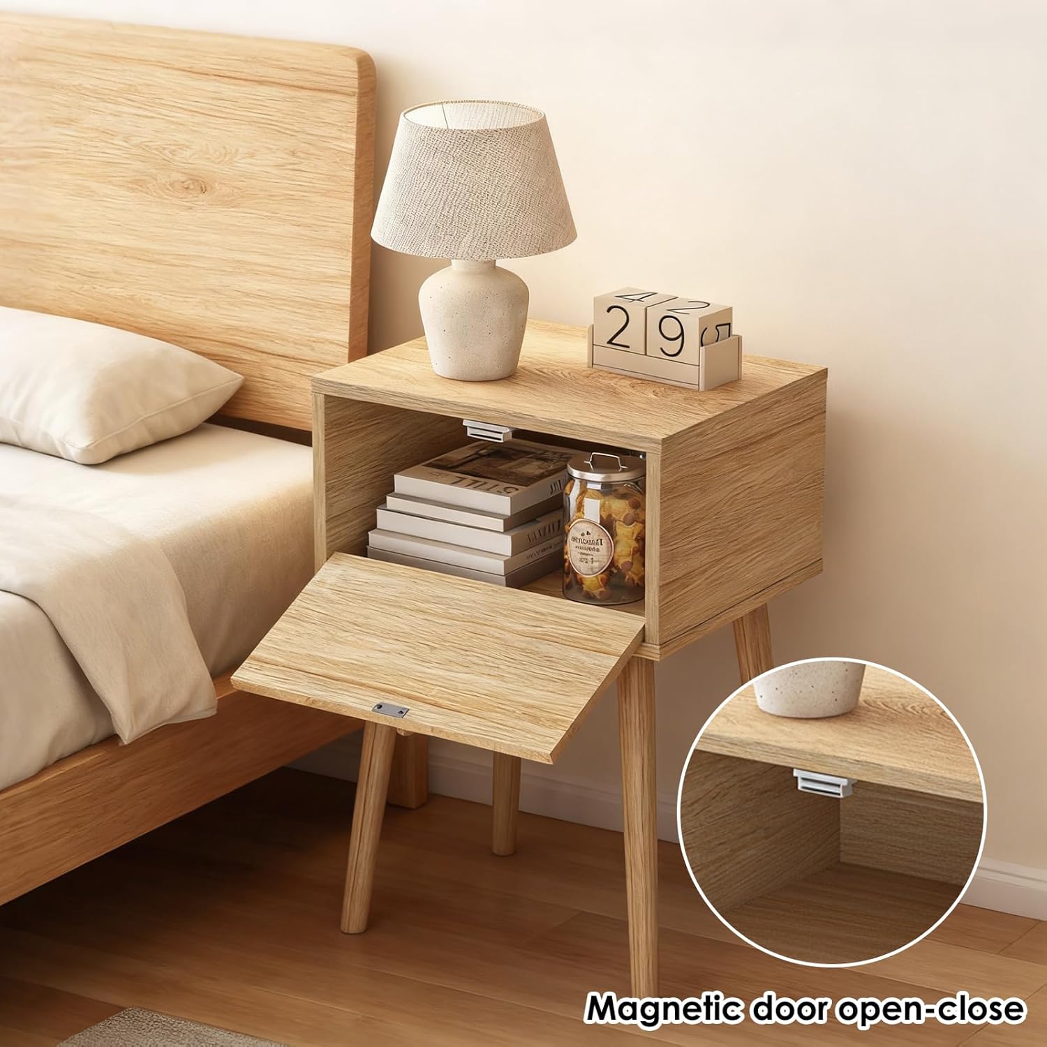 Fixwal Nightstands Set of 2 with Fluted Door, Small End Table with Solid Wood Feet for Bedroom Small Space, Modern Mid-Century Bedside Table, Natural Oak, 13.8 x 10.6 x 21.3in