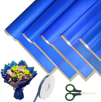 Flower Wrapping Paper, 20 Sheet Bouquet Wrapping Paper, 58cm Double Sided Bouquet Wrap Kit for Gifts Flowers and Crafts with Ribbon and Scissors for Gift Wrap DIY Arts CraftsBlue