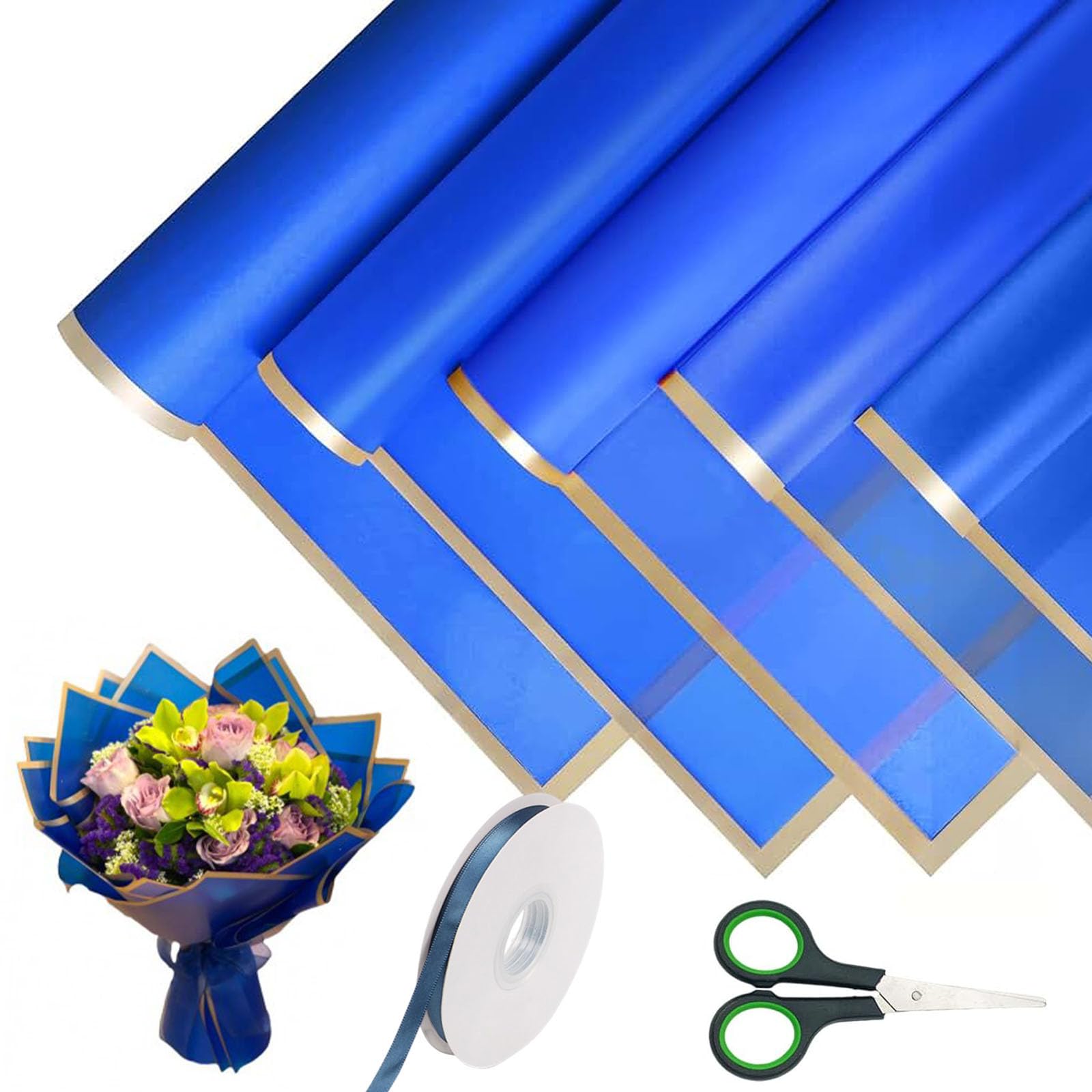 Flower Wrapping Paper, 20 Sheet Bouquet Wrapping Paper, 58cm Double Sided Bouquet Wrap Kit for Gifts Flowers and Crafts with Ribbon and Scissors for Gift Wrap DIY Arts Crafts(Blue)