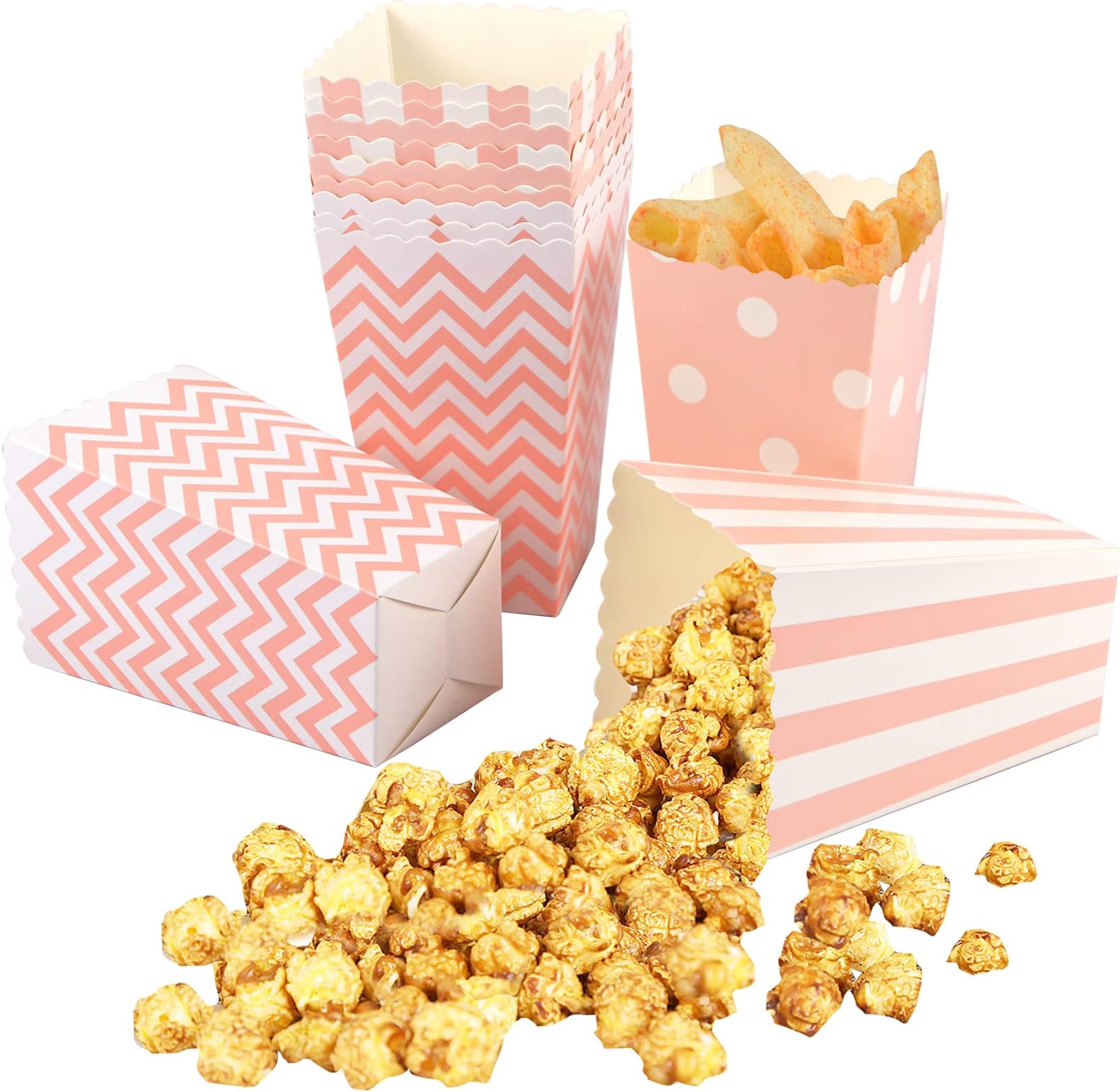 Pack of 12 Popcorn Boxes with Wavy Striped Pattern, Paper Candy Containers, Popcorn Bags for Birthdays, Cinema Night, Carnival, Party (Pink)