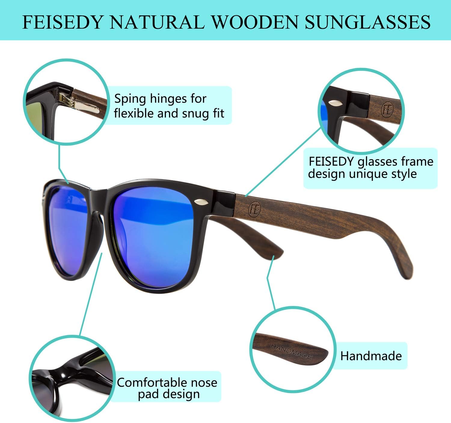FEISEDY Polarized Wood Sunglasses Women Men HD UV400 Driving Fishing Golf Sunglasses B2448 - Image 3
