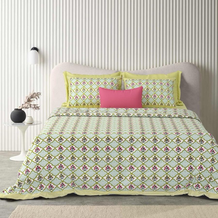 Image of Urban Jaipur 100% Cotton Bedsheet for Double Bed (90 x 108 Inches) | 210 TC King Size Bed Sheet for Double Bed with 2 Pillow Covers | Pure Cotton Jaipuri Bedsheet (Green)