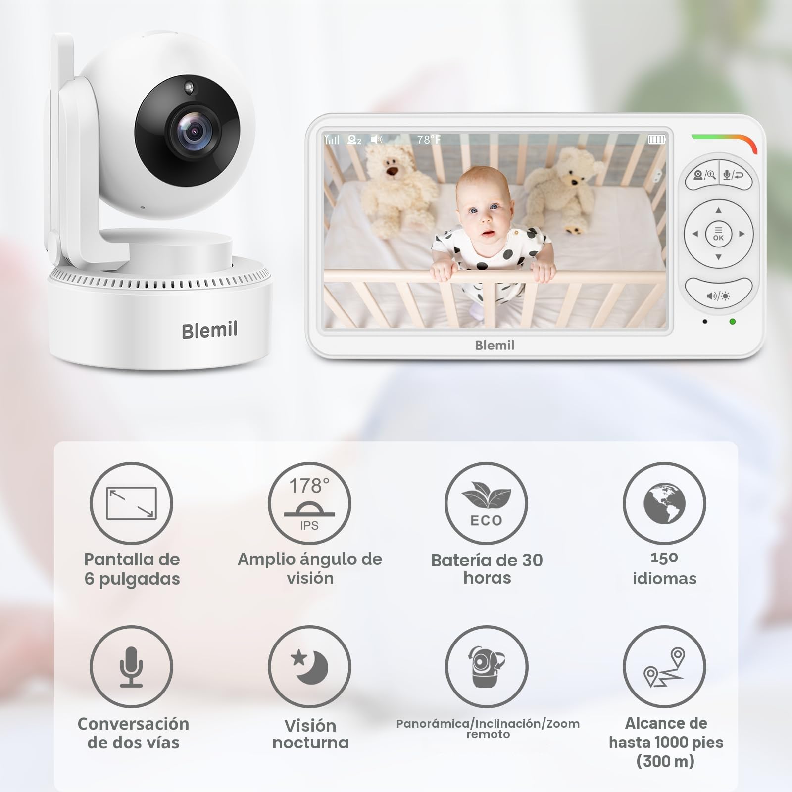 Blemil Monitor de bebé, Monitor de bebé de vídeo con 2 cámaras y Audio,6 Pulgadas Pantallas Grandes divididas IPS, Cámara de Monitor de vídeo con visión Nocturna Clara | Monitor para bebés con cámara PTZ, modo ECO, visión nocturna, batería de 4000 mAh, au