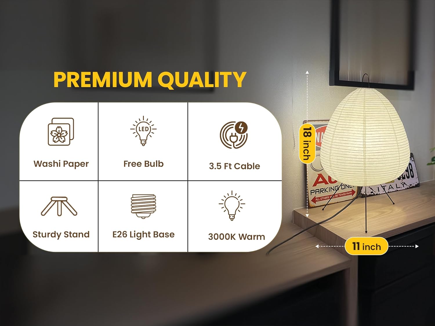 Noguchi Akari Rice Paper Lantern Lamp – Dimmable Japanese Table Lamp with Washi Paper Shade, Bulb Included – Japandi Bedside, Desk Light