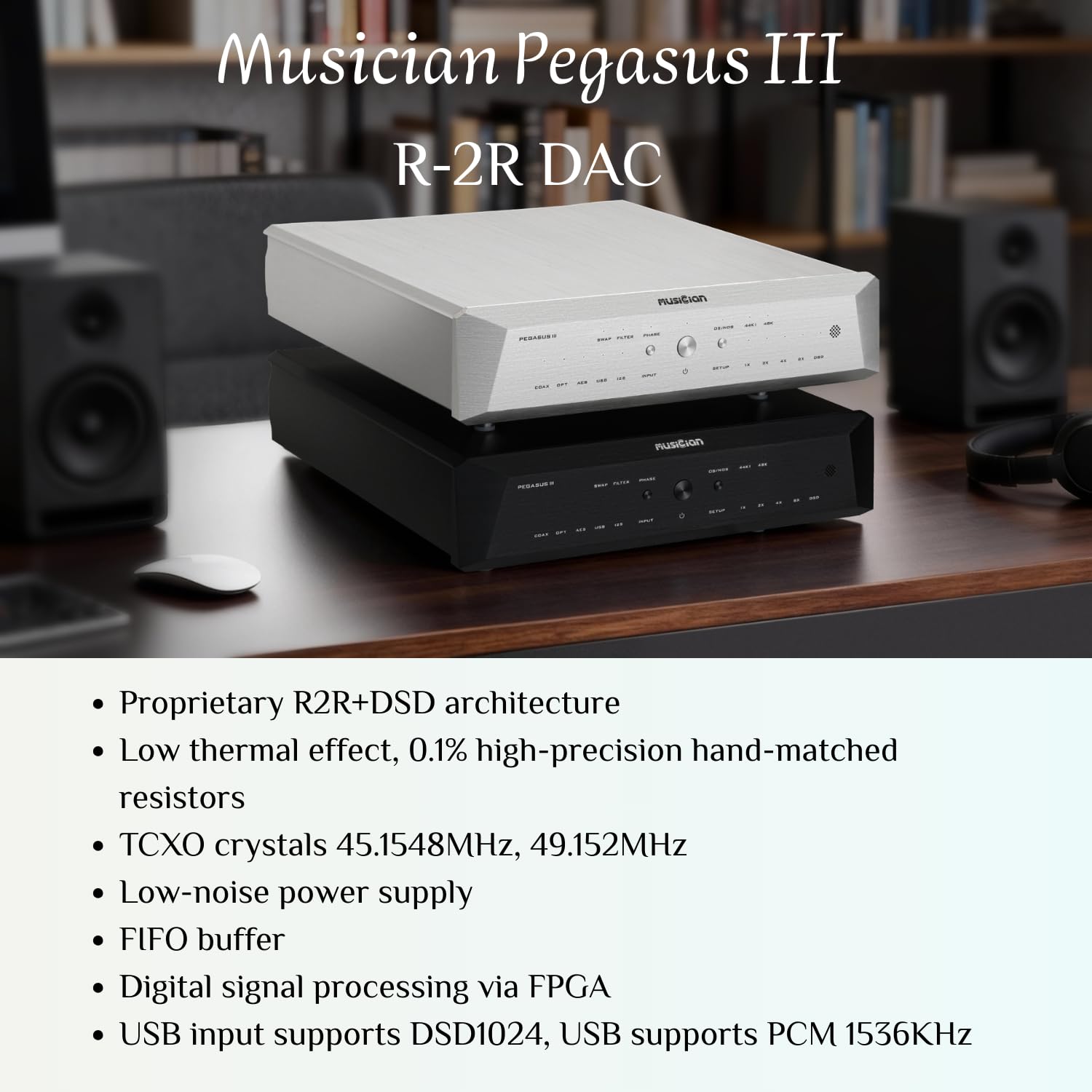 Musician Pegasus III R2R DAC Decoder Audio Digitale, Nero | Supporta PCM 32Bit/1536kHz e DSD1024, doppio clock TCXO, ingressi digitali multipli, uscite XLR e RCA, DAC bilanciato