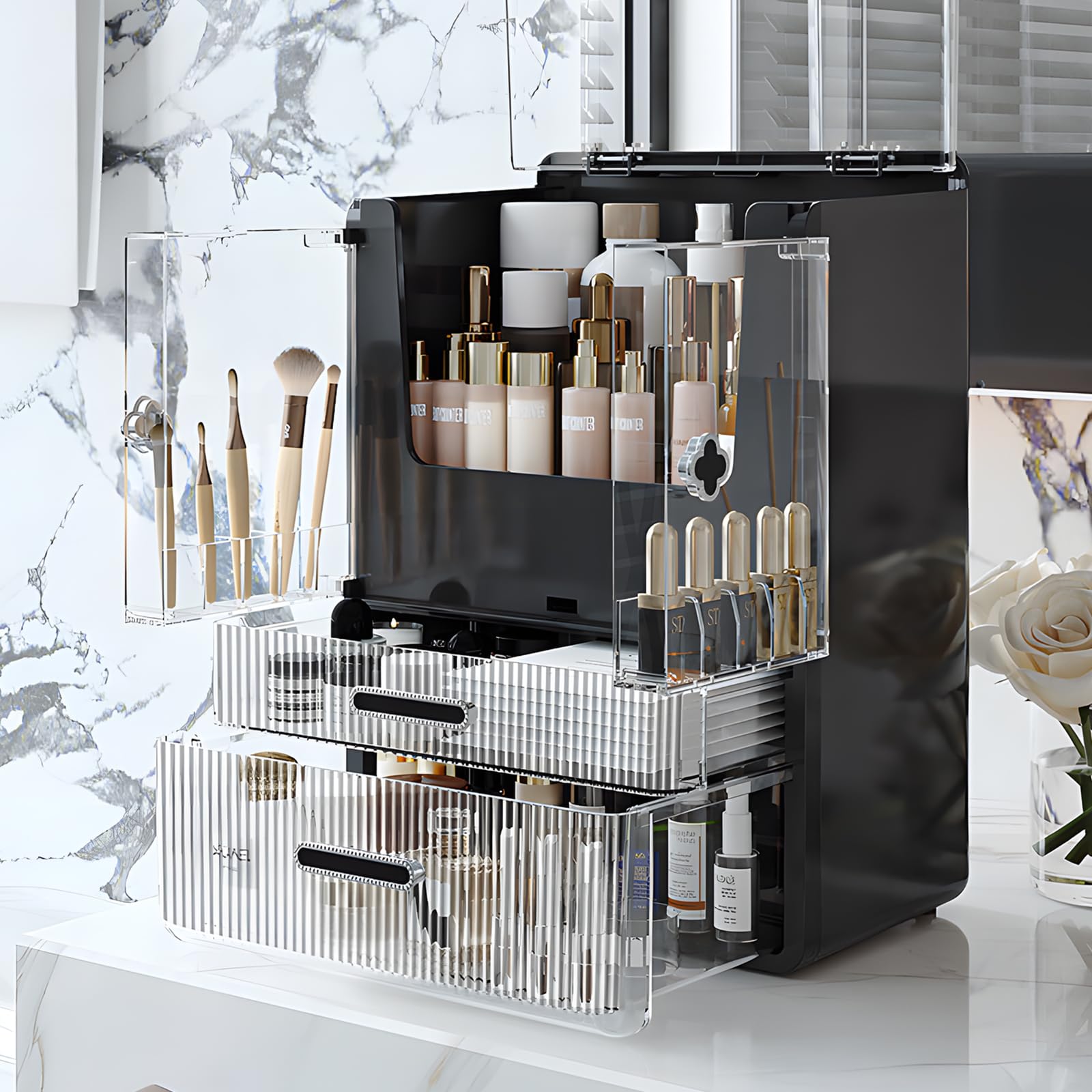 Make Up Organizer Kosmetik Aufbewahrung mit Deckel Schubladen Dustproof Cosmetic Schmink Organizer Beauty Box Hohe Groß Kapazität für Schlafzimmer Badezimmer Schminktisch Schwarz1