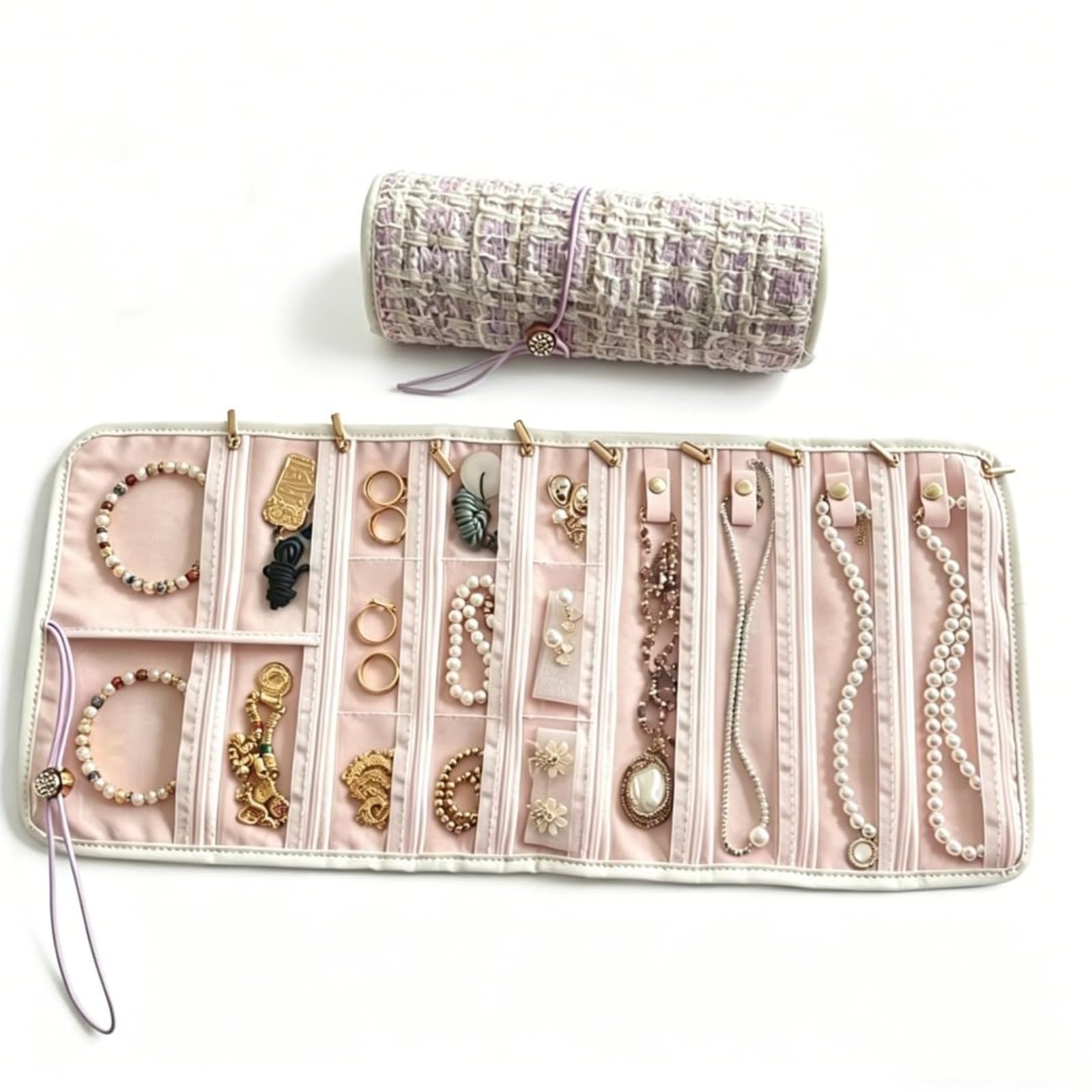 Travel Jewellery Organiser Roll, Large Capacity Foldable Portable Jewellery Box Travel Pouch with Zippered Pockets for Necklaces Earrings Rings Bracelets, Birthday Gift for Women Gift for Her (Purple)