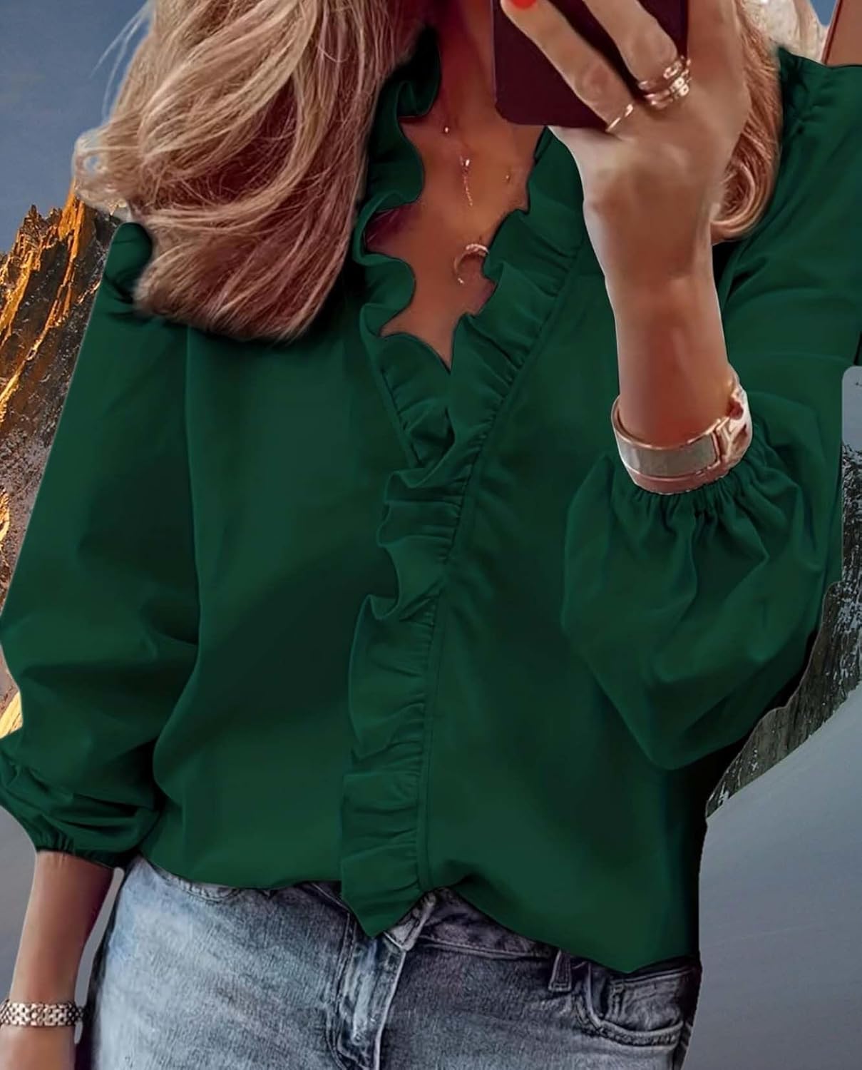 Ruffled Blouse for Womens V Neck Flowy Casual Loose Fit Tank Top Pleated Peplum Front Solid Trendy Cute Shirts image 4