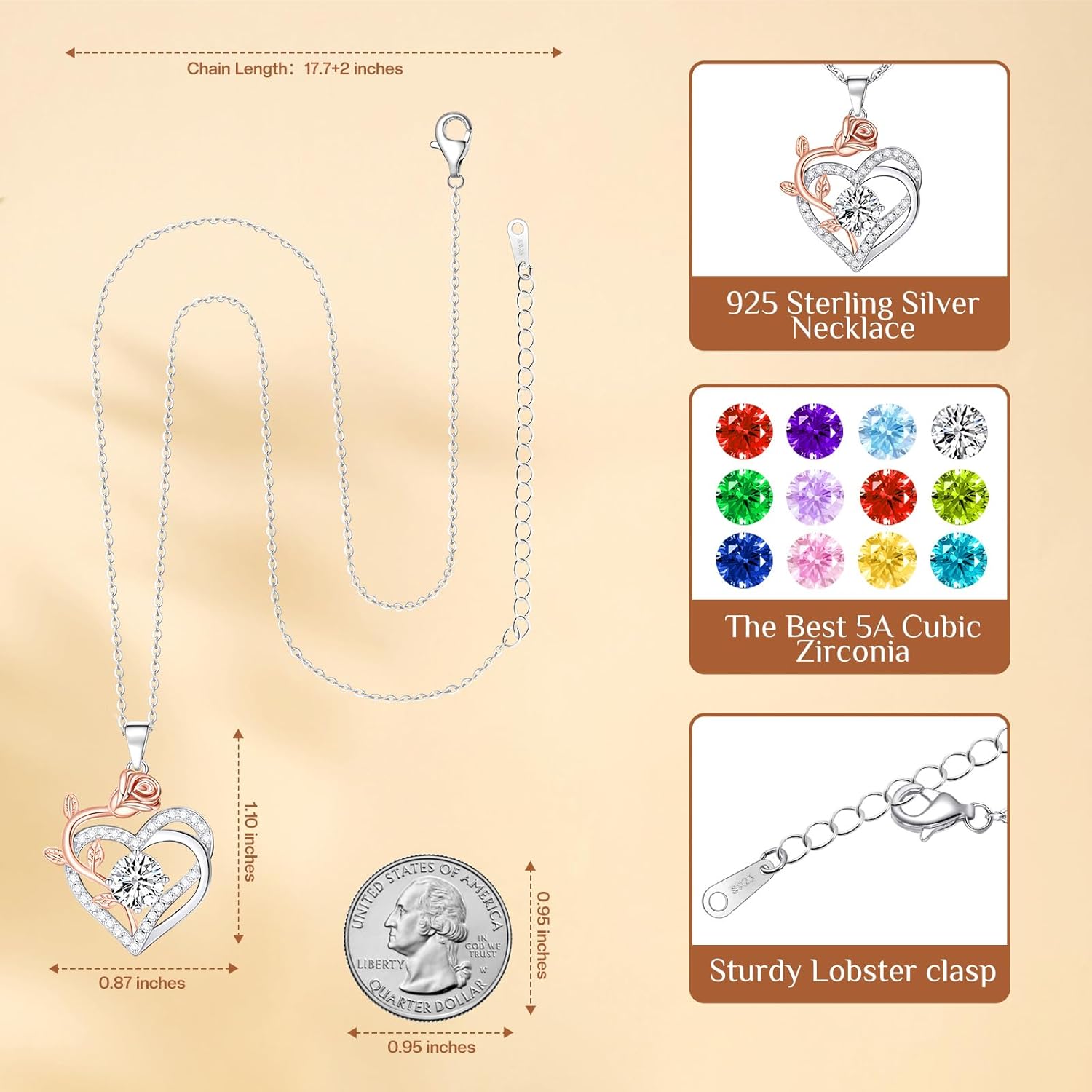 moshen Rose Heart Necklace for Women Sterling Silver Birthstone Pendant - Gift for Women Mom Wife Girlfriend daughter Best Friend - Image 4