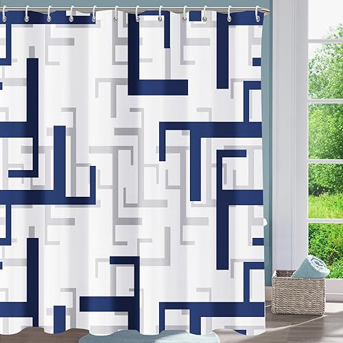 Miniatura 2 de Cortina de ducha moderna geométrica azul, cortinas de ducha para baño, juego de cortinas de ducha impermeables de tela texturizada con 12 ganchos,