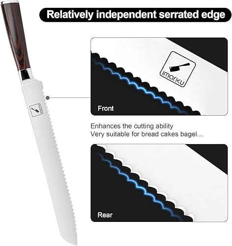 Miniatura 9 de iMarku Santoku & Bread Knife - Cuchillos japoneses de chef de 7 y 10 pulgadas, ultra afilados, borde dentado para pastel
