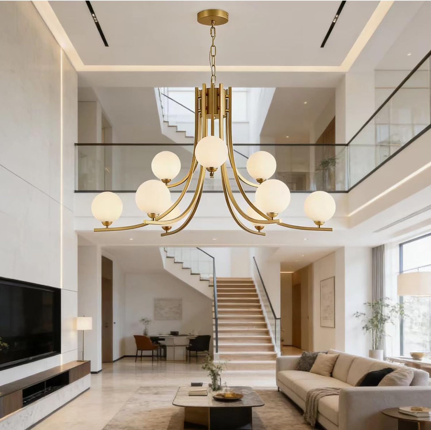 Gold Sputnik Light Fixture Glass Globe Chandeliers 9-Light Milk White Globe Glass Modern Chandeliers for Dining Room, Living Room Kitchen Light Fixture