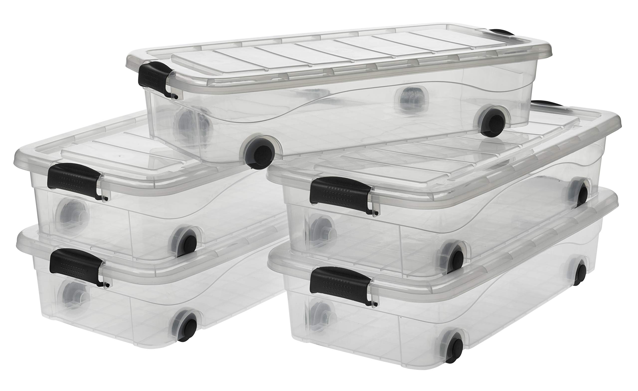 Logiplast 5 Stück Aufbewahrungsbox transparent 30 Liter mit Deckel und Klickverschluss 780 x 394 x 177 mm inkl. Rollen