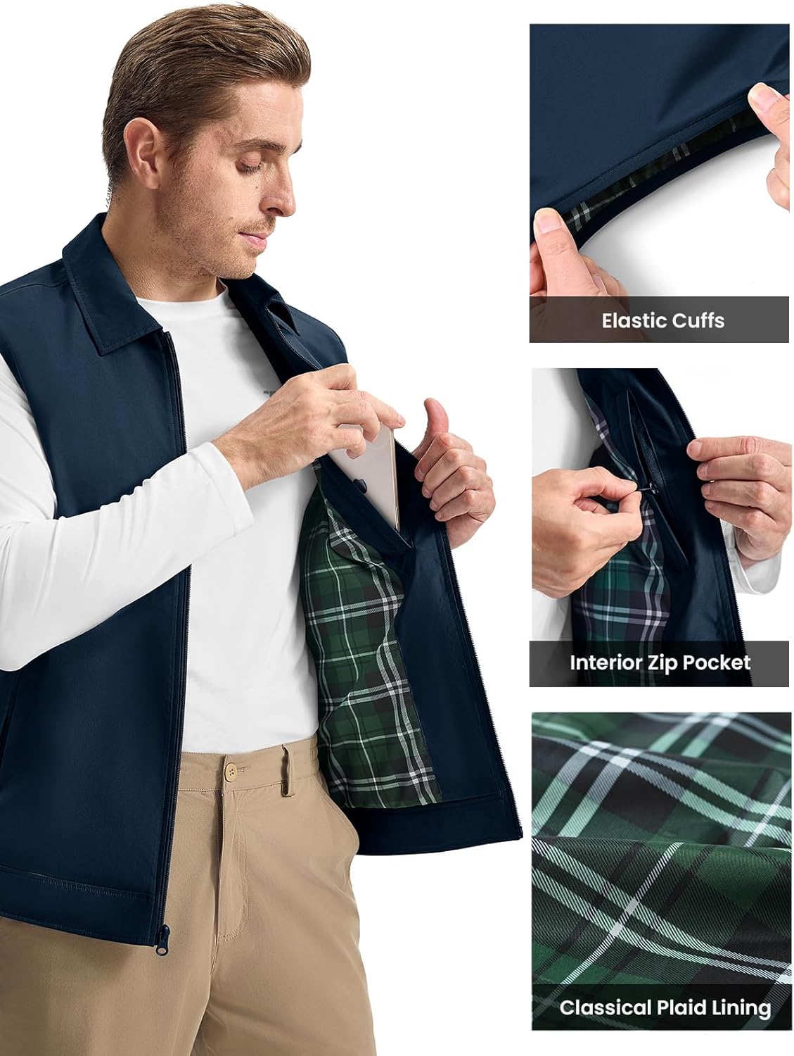Rdruko Men's Golf Vest Lightweight Outerwear Windproof Water Resistant Grid Lining Vest with Zipper Pockets for Casual - Image 4