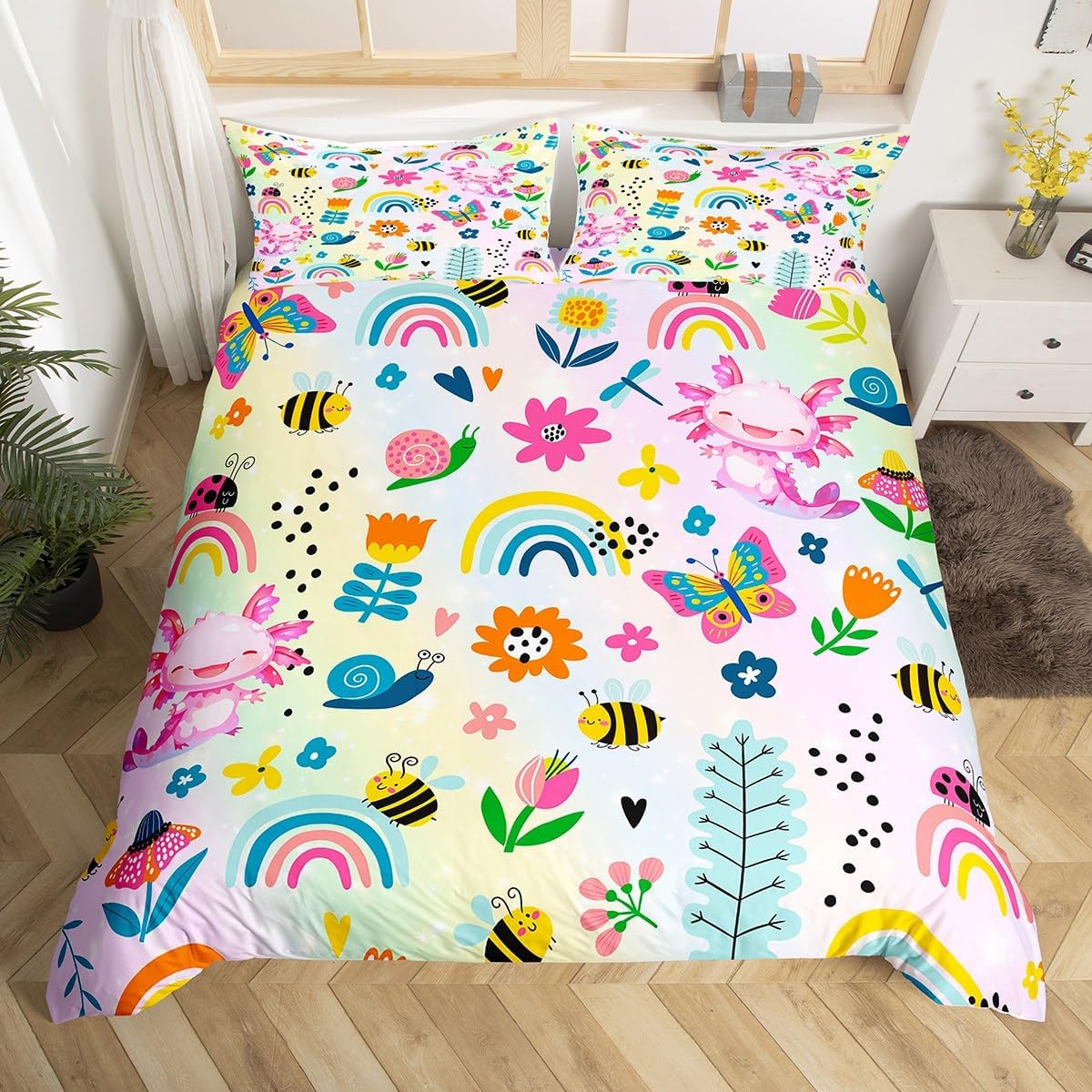 jejeloiu Boho Floral Duvet Cover Toddler Size Kids Blossom Flowers Comforter Cover for Boys Girls Teens Botanical Floral Bedding Set Breathable Botanical Bedroom Decor Bedclothes