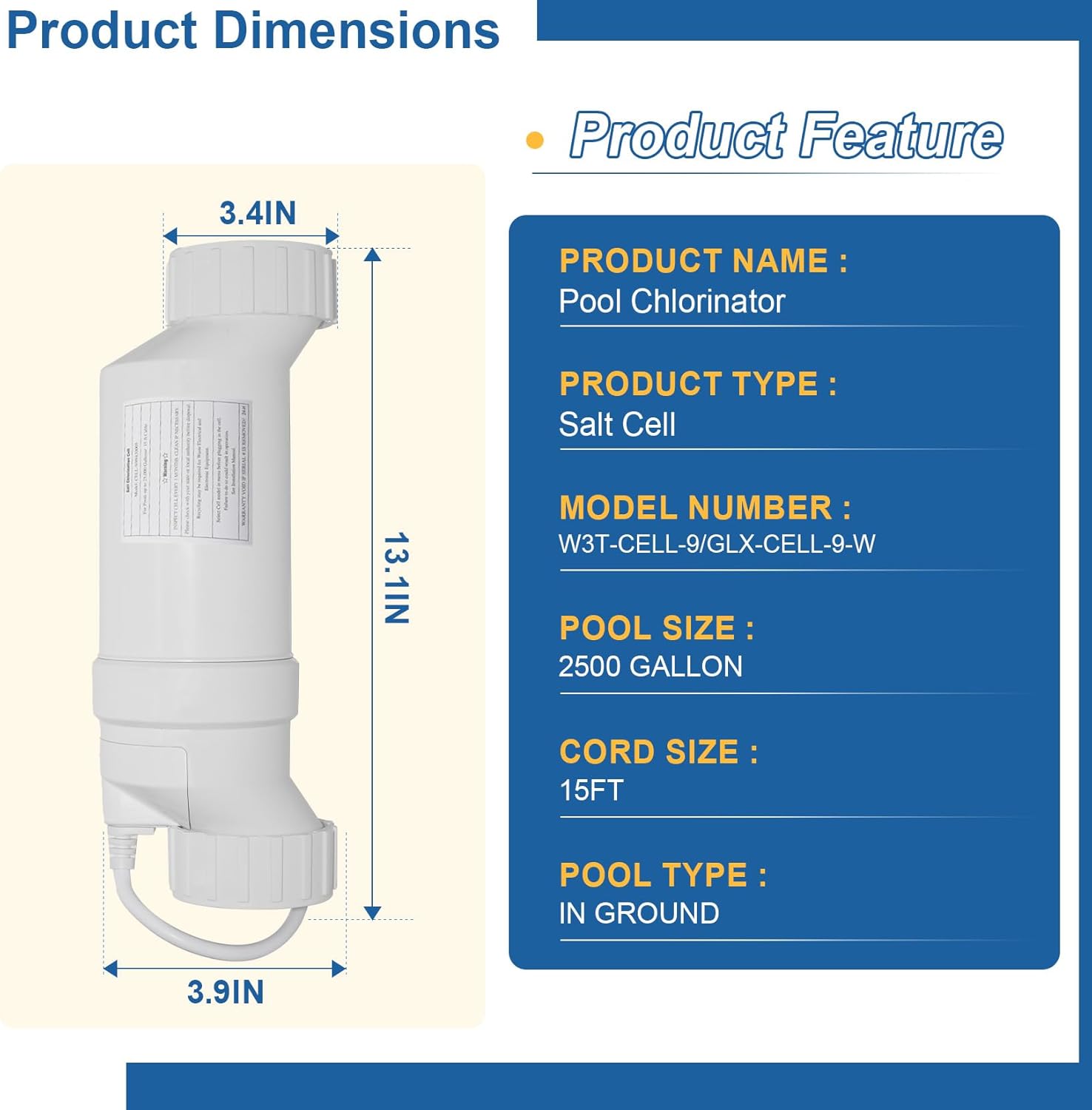 W3T-Cell-9 Turbo Salt Cell Chlorinator Replacement for Hayward T-9, 25000 Gallon Pool (25,000 Gallon (W3T-Cell-9))