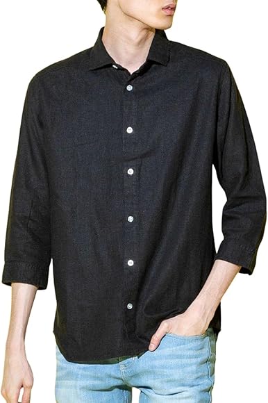 Amazon | メンズ シャツ 7分袖 麻シャツ フレンチ リネンシャツ レーヨン 無地 シンプル 薄手 カジュアルシャツ | シャツ 通販