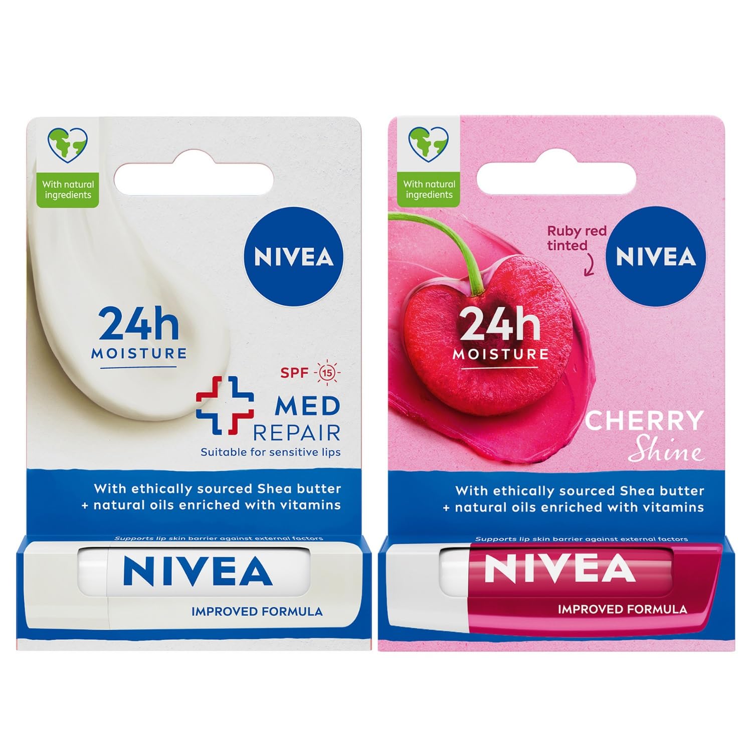 NIVEA Kiraz Dudak Bakım Kremi, 24 Saat Nem, Dudak Bakımı, Kiraz Kokusu, Hafif Kırmızı Işıltı (4,8gr) + NIVEA Med Repair Dudak Bakım Kremi, 24 Saat Nem,Doğal Yağlar ile Dudak Bakım,SPF 15 (4,8 ml)