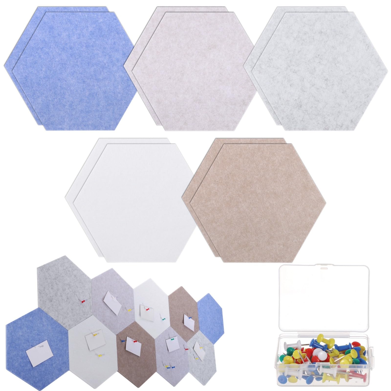 10 piezas de azulejos hexagonales de corcho autoadhesivos, decoración de pared de corcho para fotos, notas, oficina y hogar, con 30 chinchetas de colores
