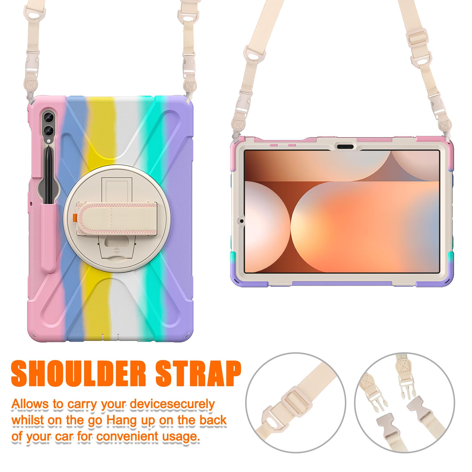 Étui robuste compatible avec Samsung Galaxy Tab S10+ Plus/S9 FE+ Plus 12,4" (SM-X826/X610) - Étui en silicone avec porte-stylo S - Support - Poignée - Bandoulière (Rose C)