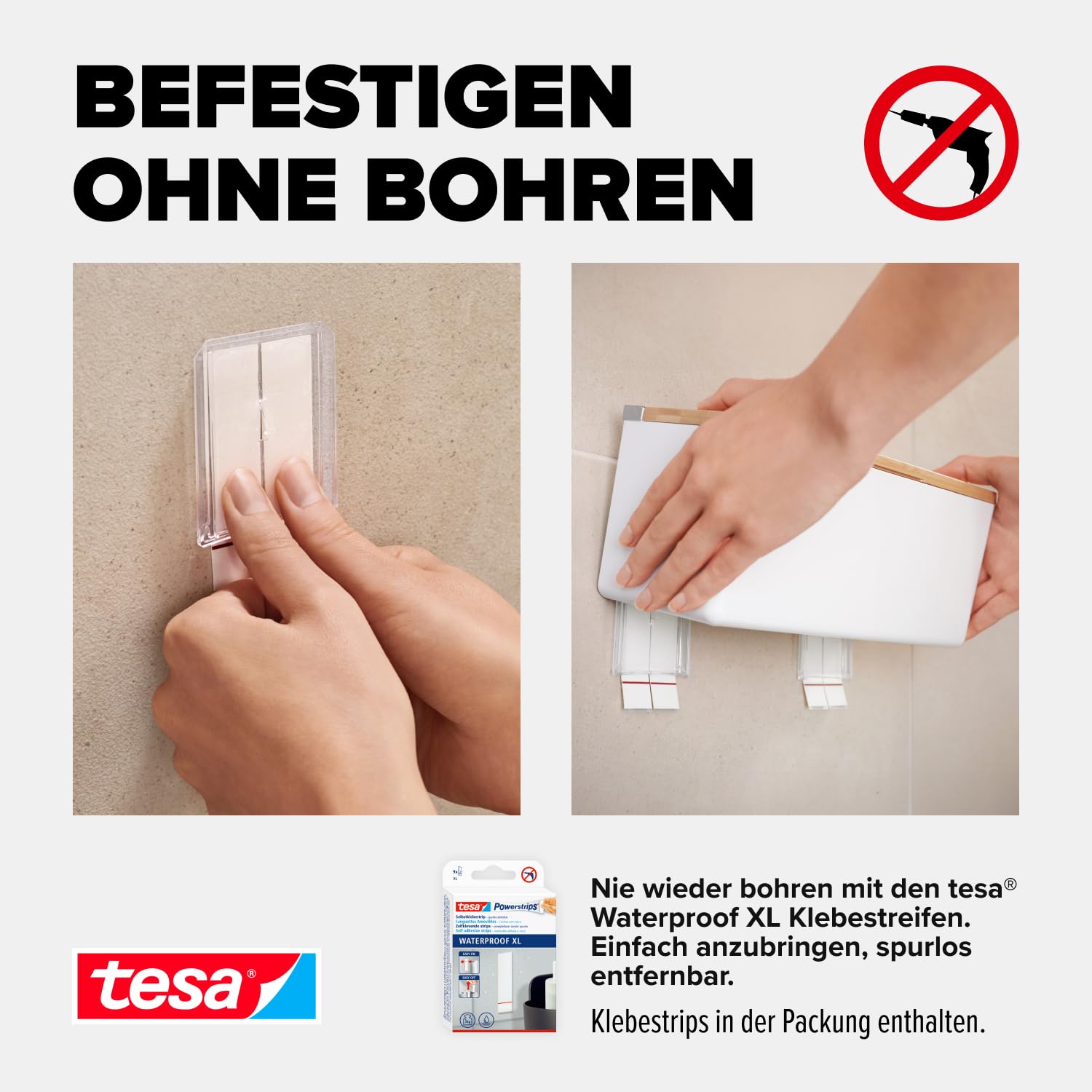 tesa Baboo Badorganizer S mit Bambus-Deckel, matt-weiß - Bad-Aufbewahrungsbox zur Wandmontage ohne Bohren, inkl Powerstrips Waterproof Strips XL - 122 mm x 110 mm x 102 mm