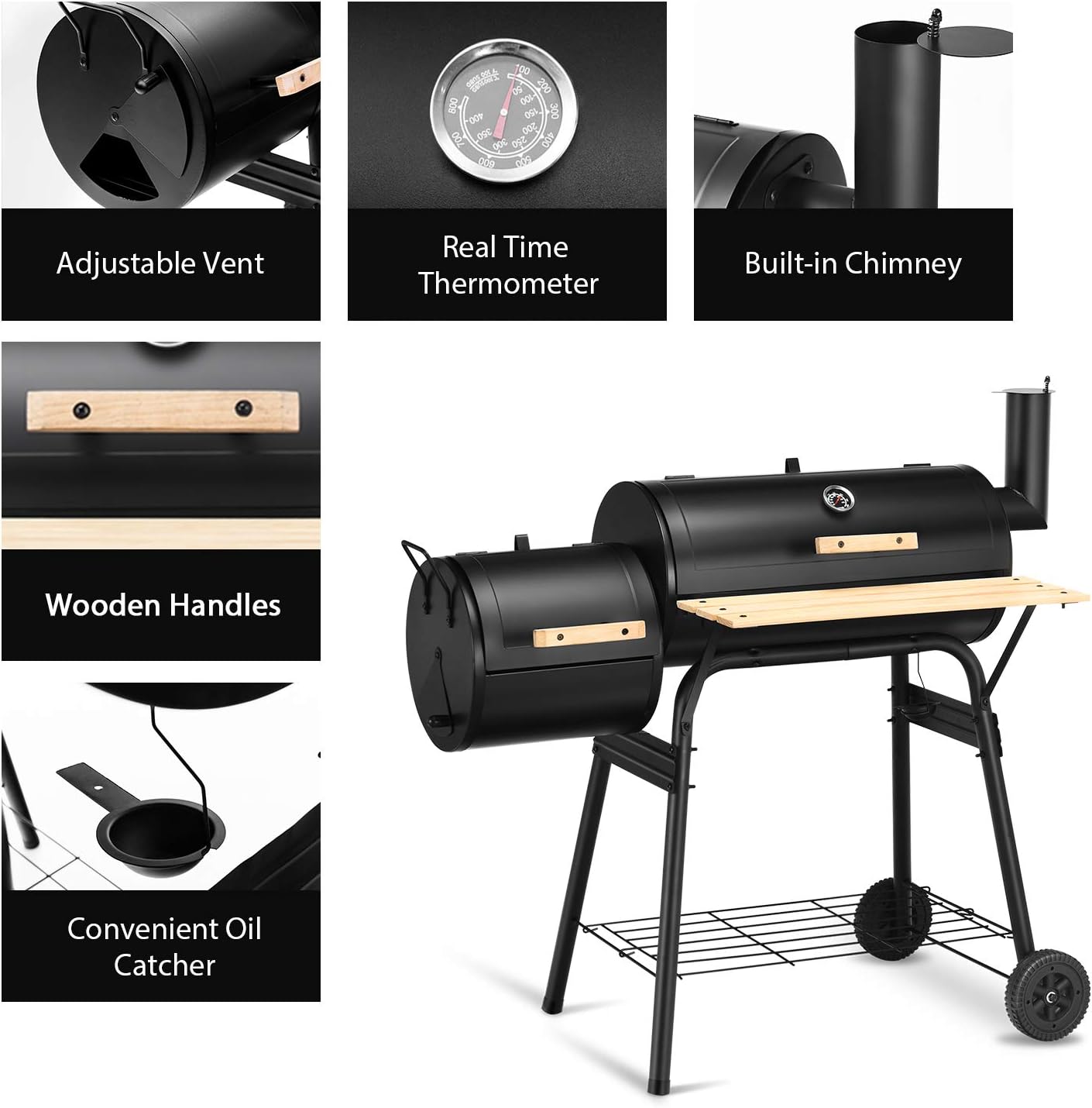Giantex BBQ Charcoal Grill with Offset Smoker, Thermometer and Adjustable Damper, Meat Cooker Smoker for Backyard Family Gathering and Outdoor Picnic, 2 Moveable Wheels, 2 Shelves and Wooden Handles