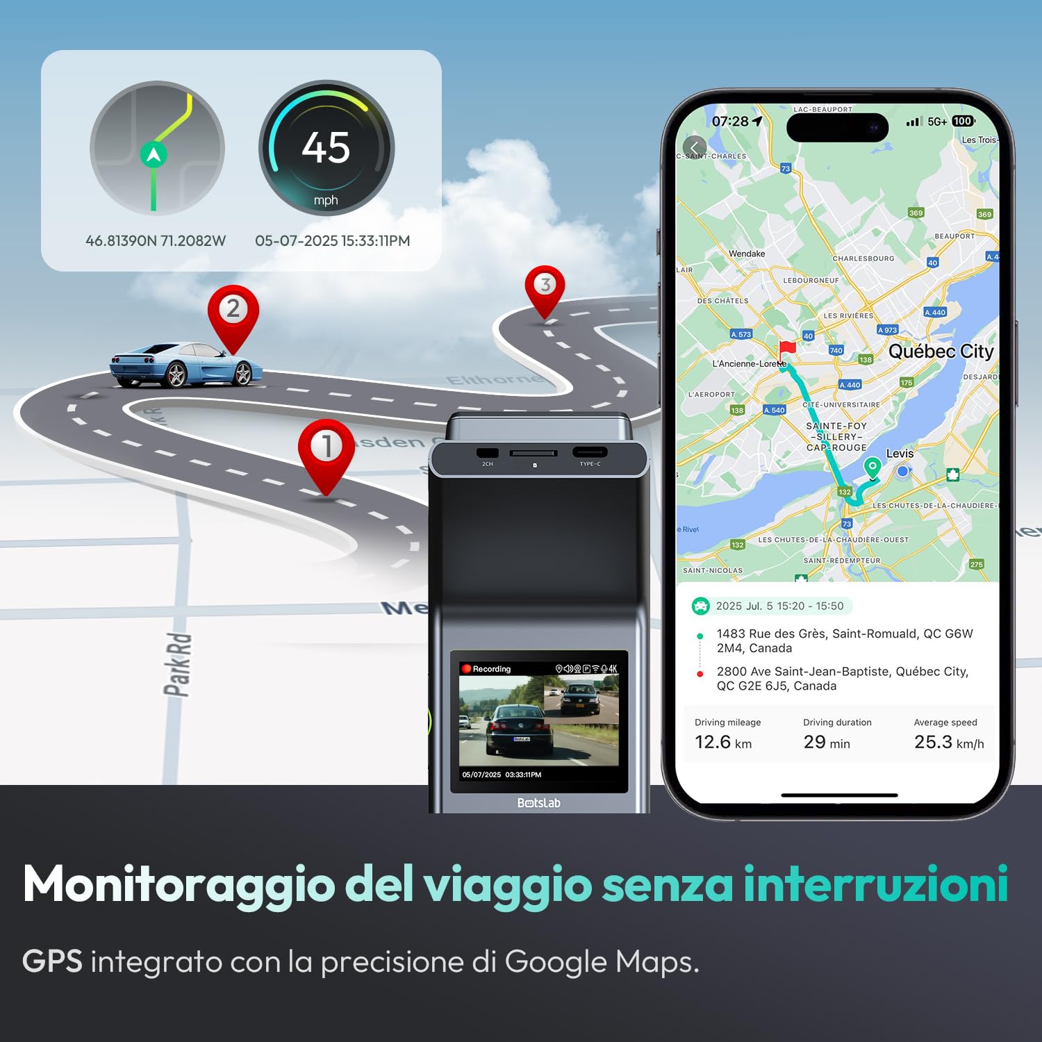 BOTSLAB Dash Cam 4K+1080PFronte Retro Dashcam con Scheda SD 64GB, Dashcam STARVIS 2,WiFi 5G,GPS,WDR Grandangolare a 170, Visione Notturna, WDR,Sensore G, Modalità Parcheggio 24H, Registrazione in Loop