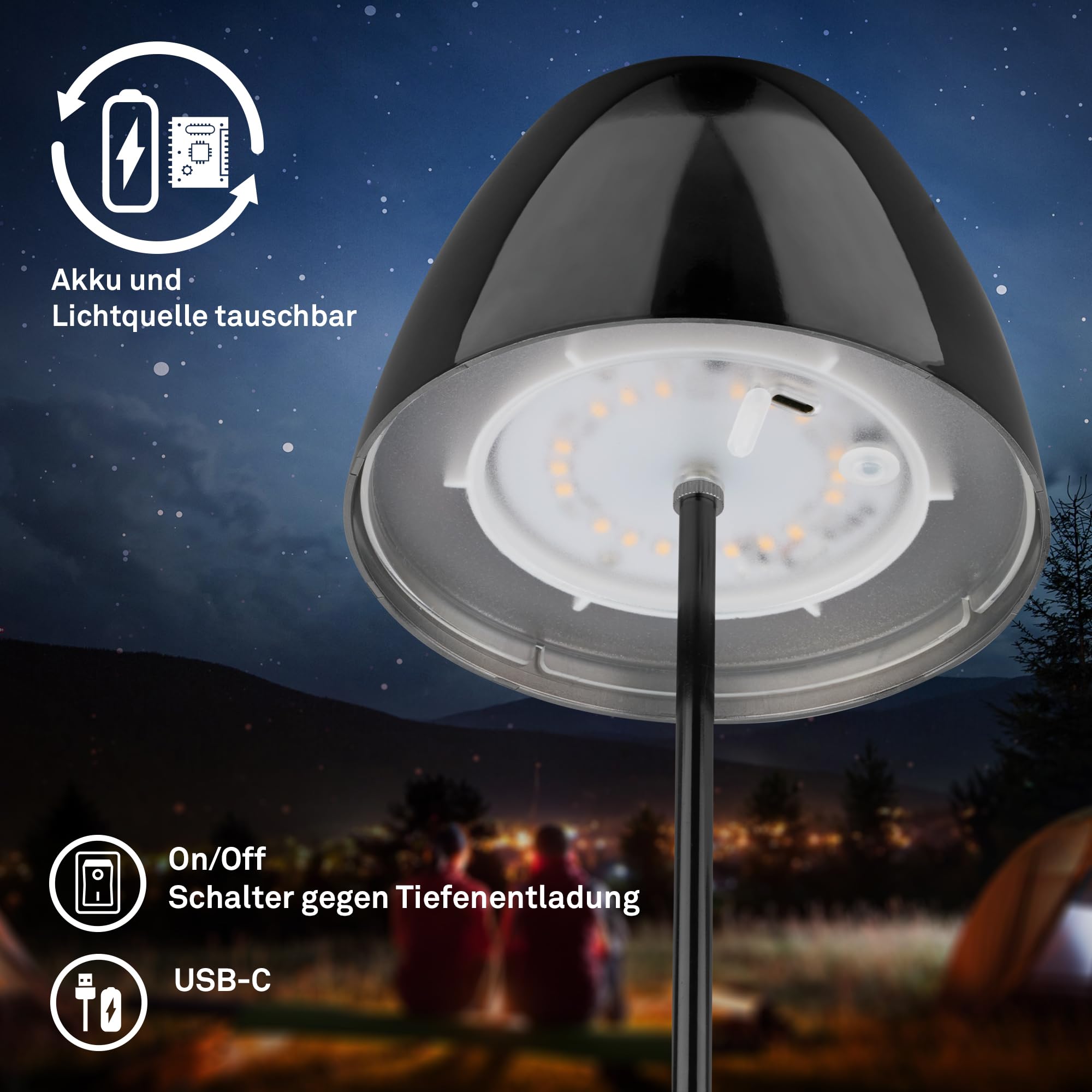 BRILONER - Lampada da tavolo LED senza fili IP44 con touch, dimmerabile, lampada da comodino, lampada ricaricabile, lampada da tavolo a batteria, da esterno, 13,5x36cm (DxH), nero-cromo