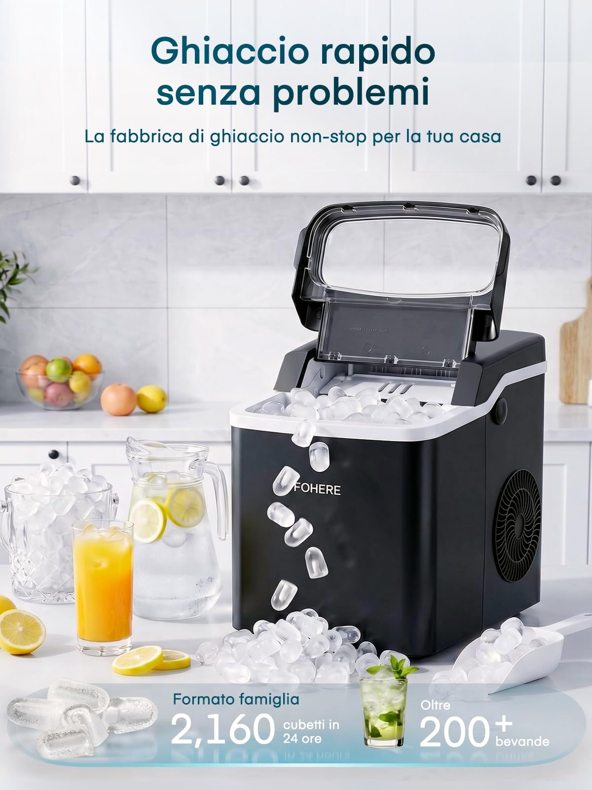 FOHERE Macchina Ghiaccio da Tavolo, 9 Cubetti in 5 Min, Capacità 14KG/24H, Macchina del Ghiaccio Autopulente con Coperchio Completamente Apribile, 2 Dimensioni, per Casa, Cucina, Ufficio, Campeggio