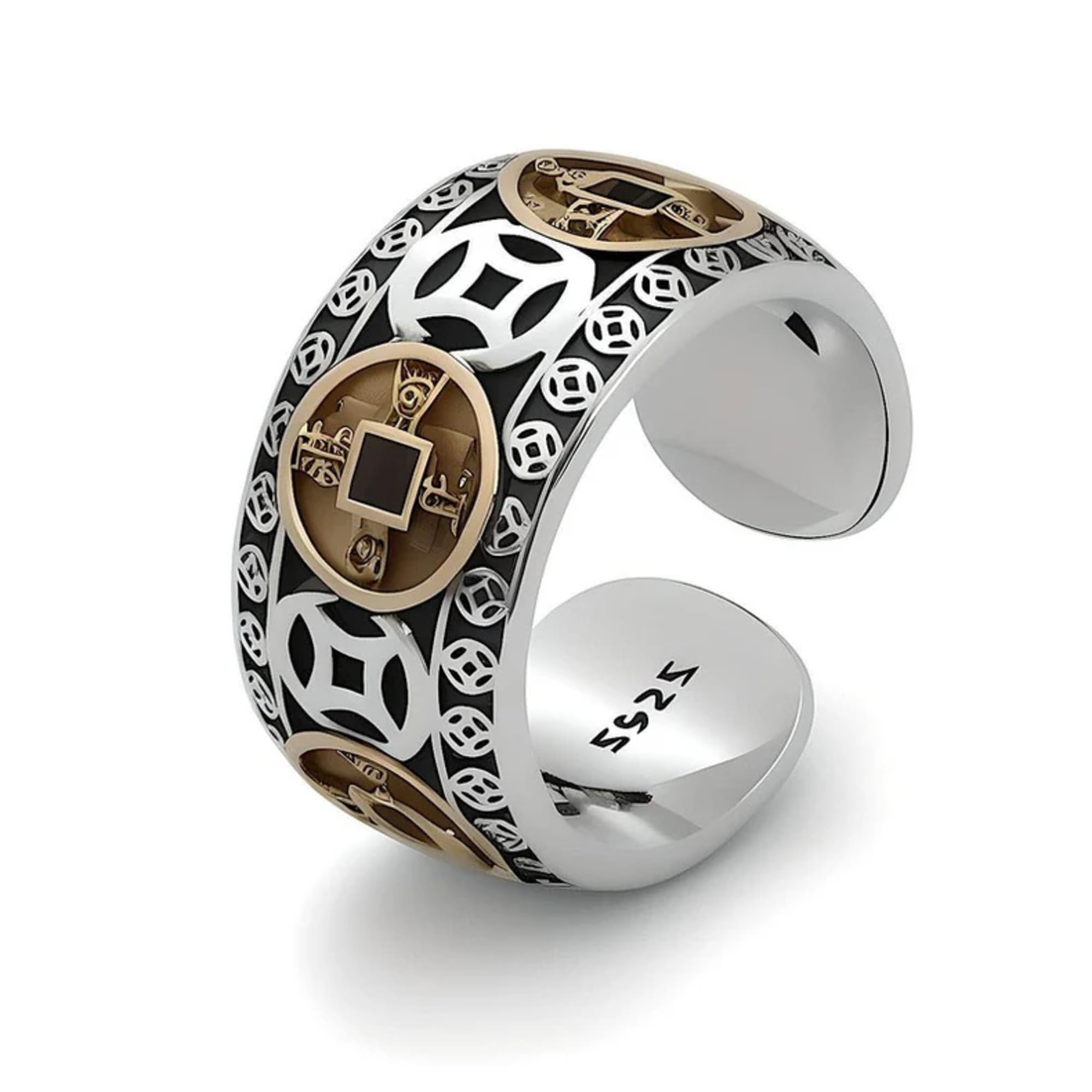 Chinese Feng Shui Five Emperor Coin Ring, Adjustable Size, Gold and Silver Two-Tone, Traditional Prosperity Design