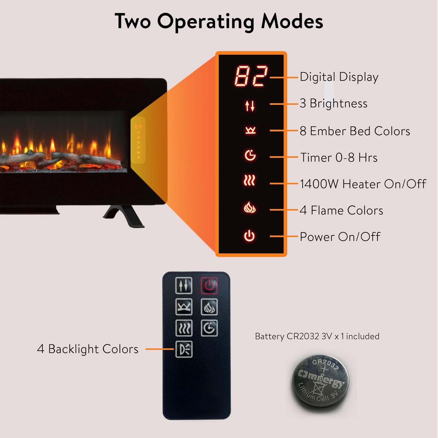 48" Curved Glass Electric Fireplace, Wall Fireplace Electric with Remote Control, 4 Adjustable Flame Colors, Wall Mounted/Freestanding, 1400W Fireplace Heater, Backlight, 3 Media Bed, Timer