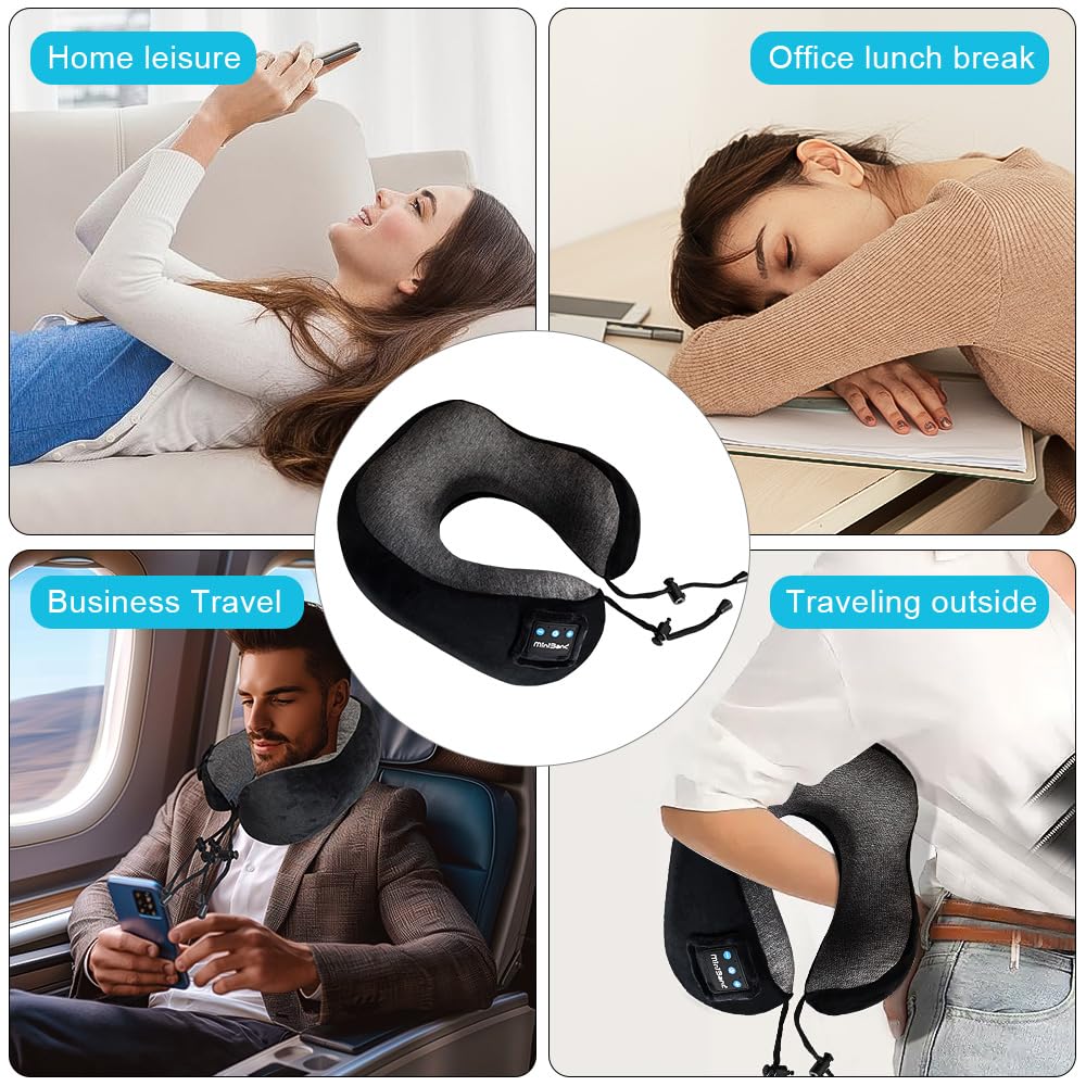 Ateupom Neck Pillow with Bluetooth Headphones Function for Travel, Travel Pillow 100% Pure Memory Foam, Airplane Pillow, Wireless Headphones with Microphone for Traveling Car Home Office Black 3