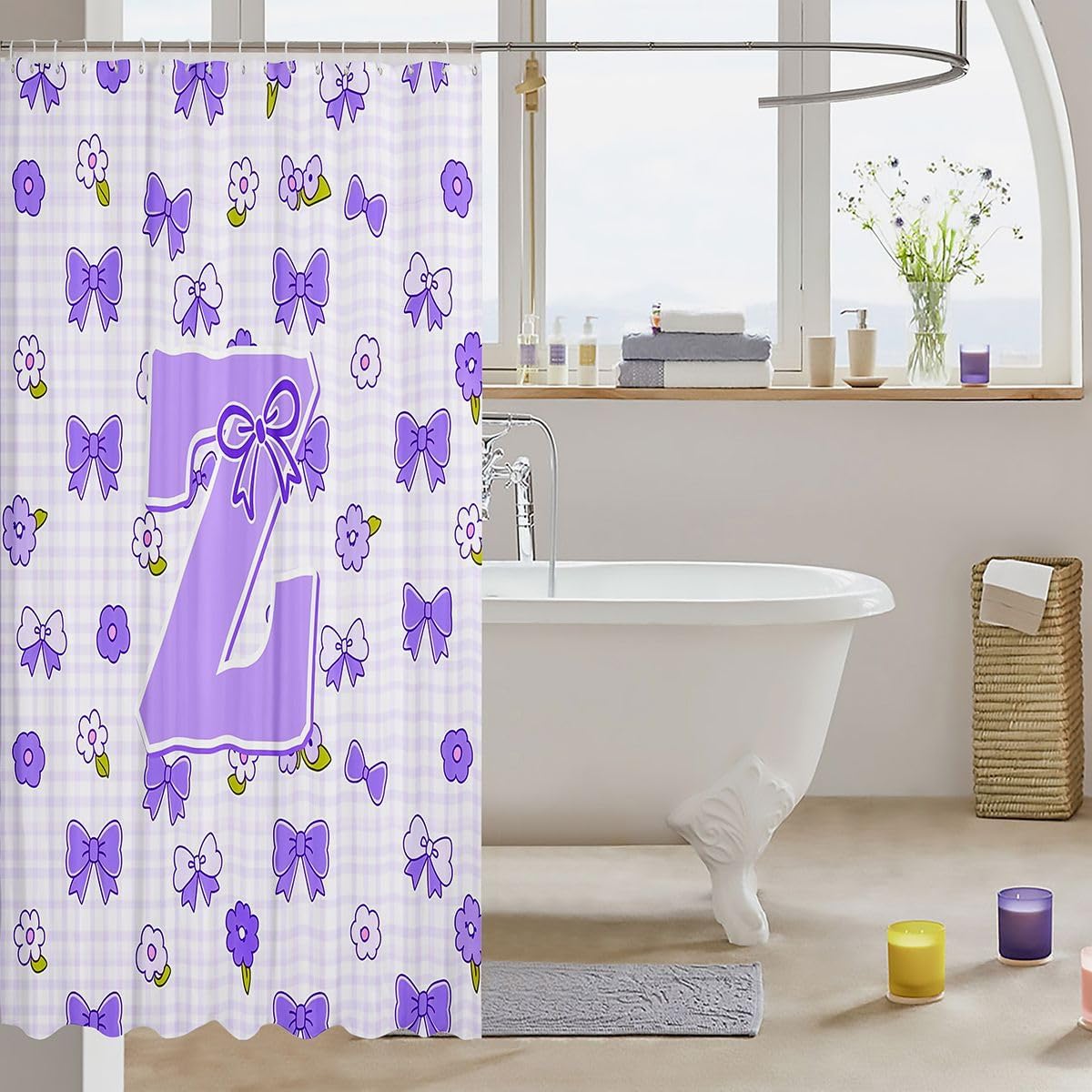 jejeloiu Purple Cute Bow Shower Curtain Cute Flower Bath Curtain Personalized Letter Z Bathroom Waterproof Accessories with 12 Hooks Purple Square Lattice Waterproof Polyester,72x72 Inches image 3