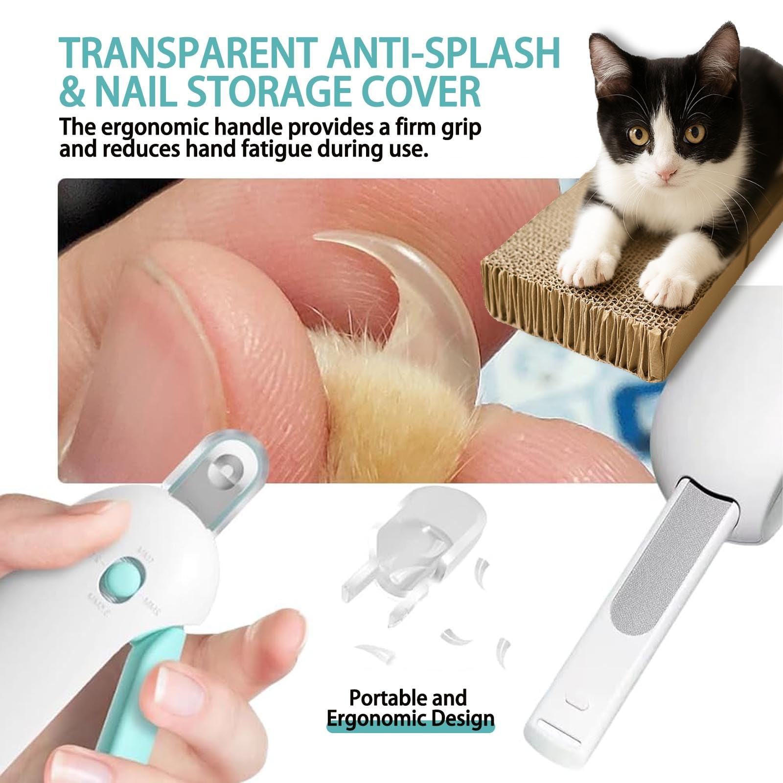 Cortaúñas para gatos y gatitos pequeños, cortaúñas seguro con guía ajustable de 3 tamaños y lima de uñas, protector antisalpicaduras para un aseo fácil y sin estrés de mascotas en casa