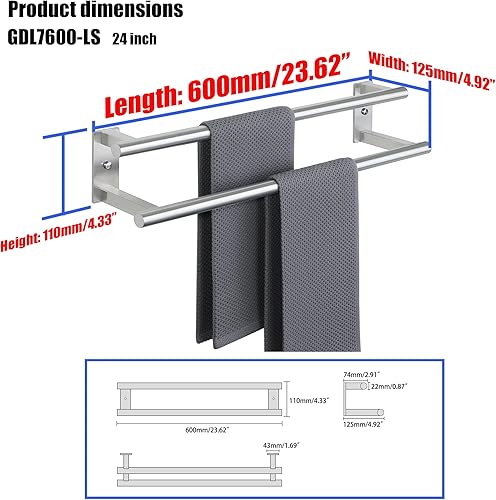 Miniatura 2 de Alise Toallero doble para baño, soporte para toallas de pared de 24 pulgadas, toalleros para baño, colgador de toallas de acero inoxidable SUS304,