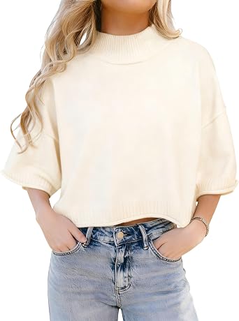 Bankeng Womens Short Sleeve Sweater Oversized Cropped Sweaters Casual Crewneck Lightweight Knit Tops