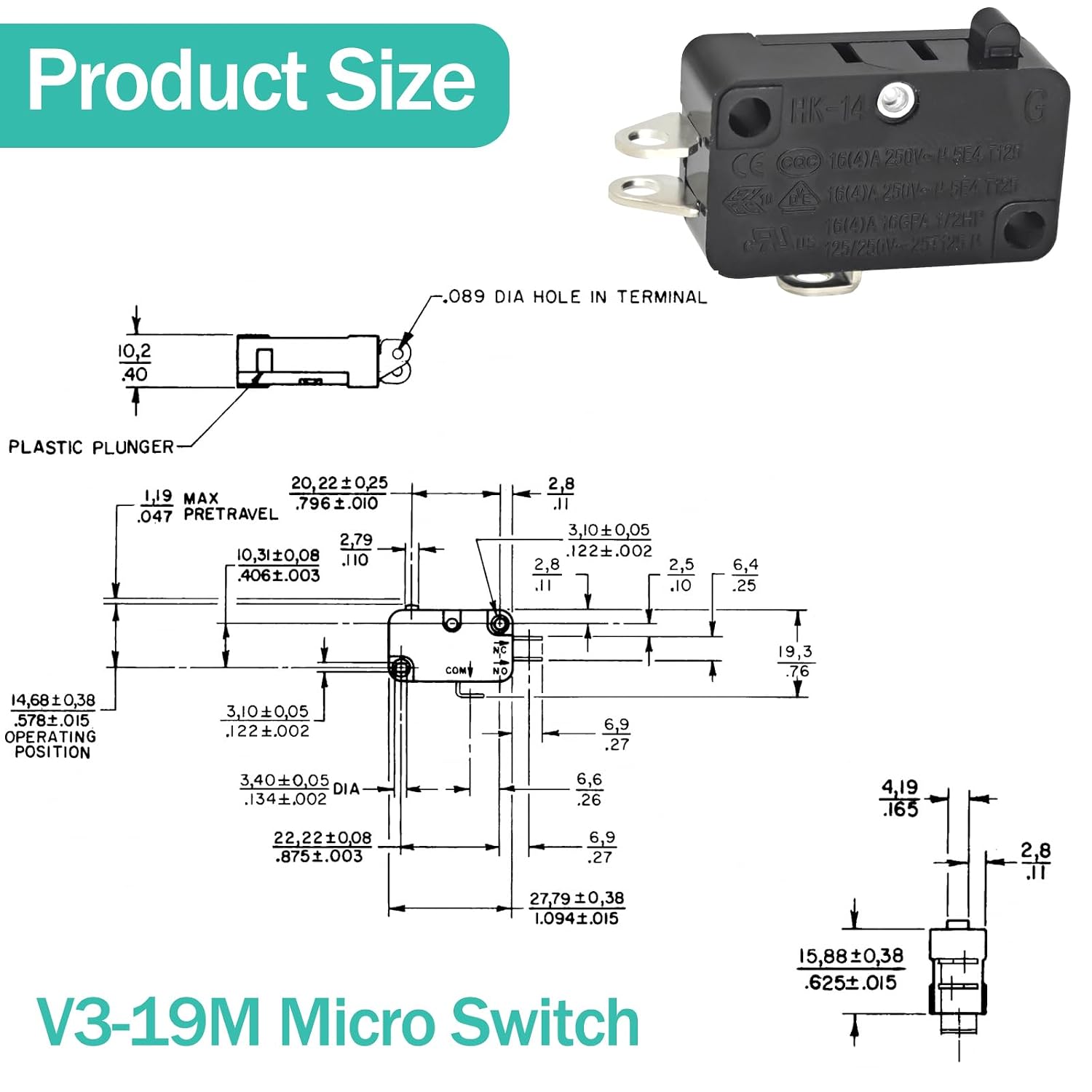 2-Pack V3-19M Basic/Snap Action Switch Replacement for Honeywell V3-19M - Round Pin Plunger Microswitch, SPDT, 15A 125VAC