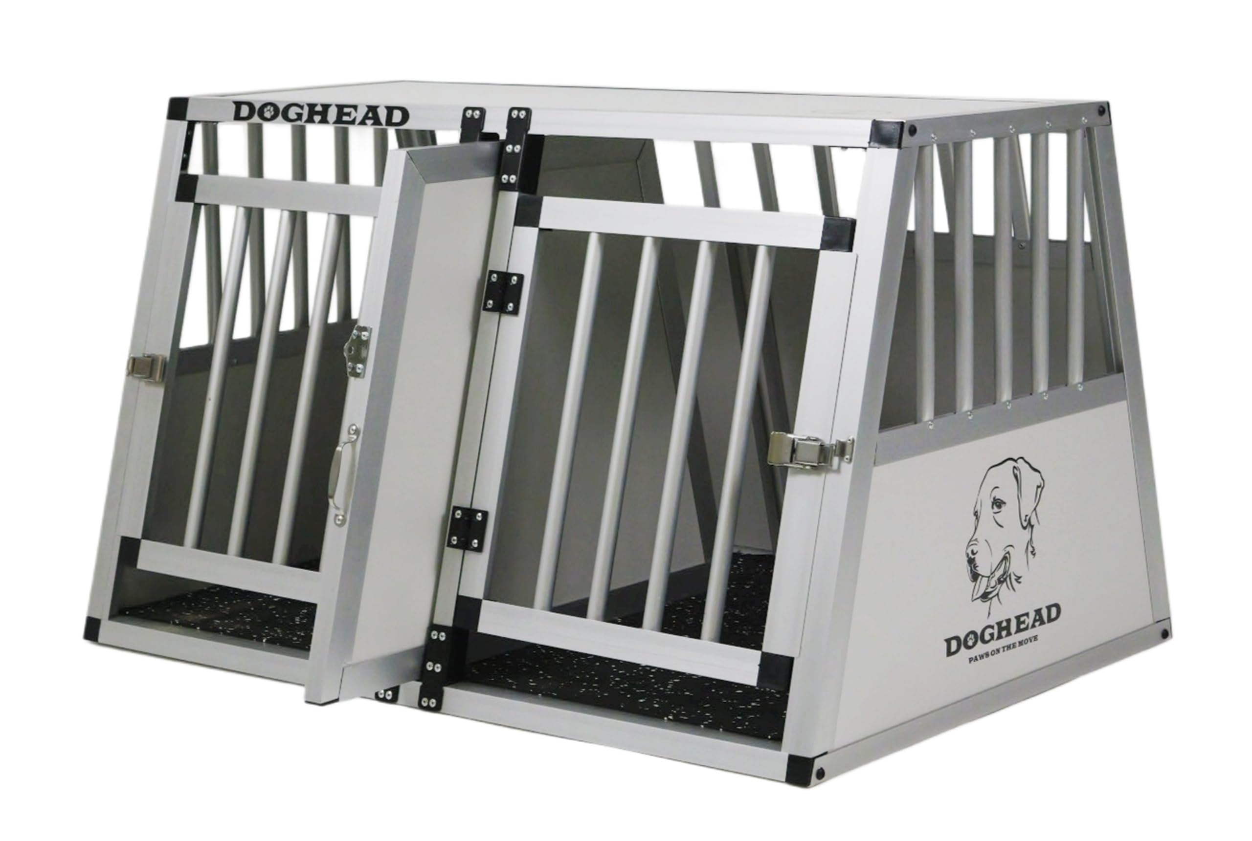 DOGHEAD Hundetransportbox Comfort, Double 90x65x55 cm EG, Grau/Silber, Aluminium, Vorne und hinten 75° Grad Winkel, Trennwand mit Griff