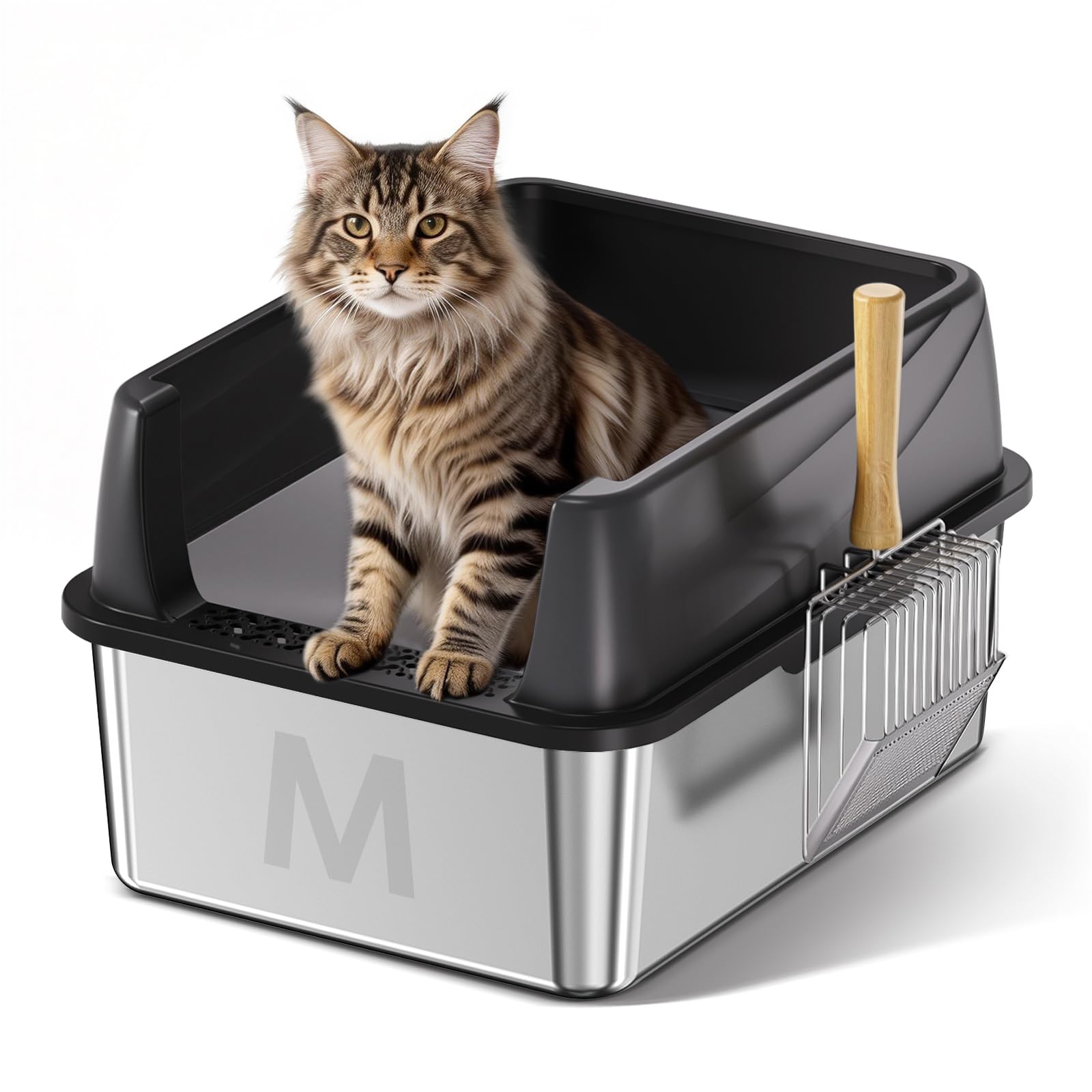 Stainless Steel Litter Box with Lid: Metal Cat Litter Box for Small Cats with Scoop, High Sided Kitty Litter Pan Tray, 17.4'' x 13.5'' x 8.5'', Non-Stick, Anti-Leakage, Easy Cleaning (Black)