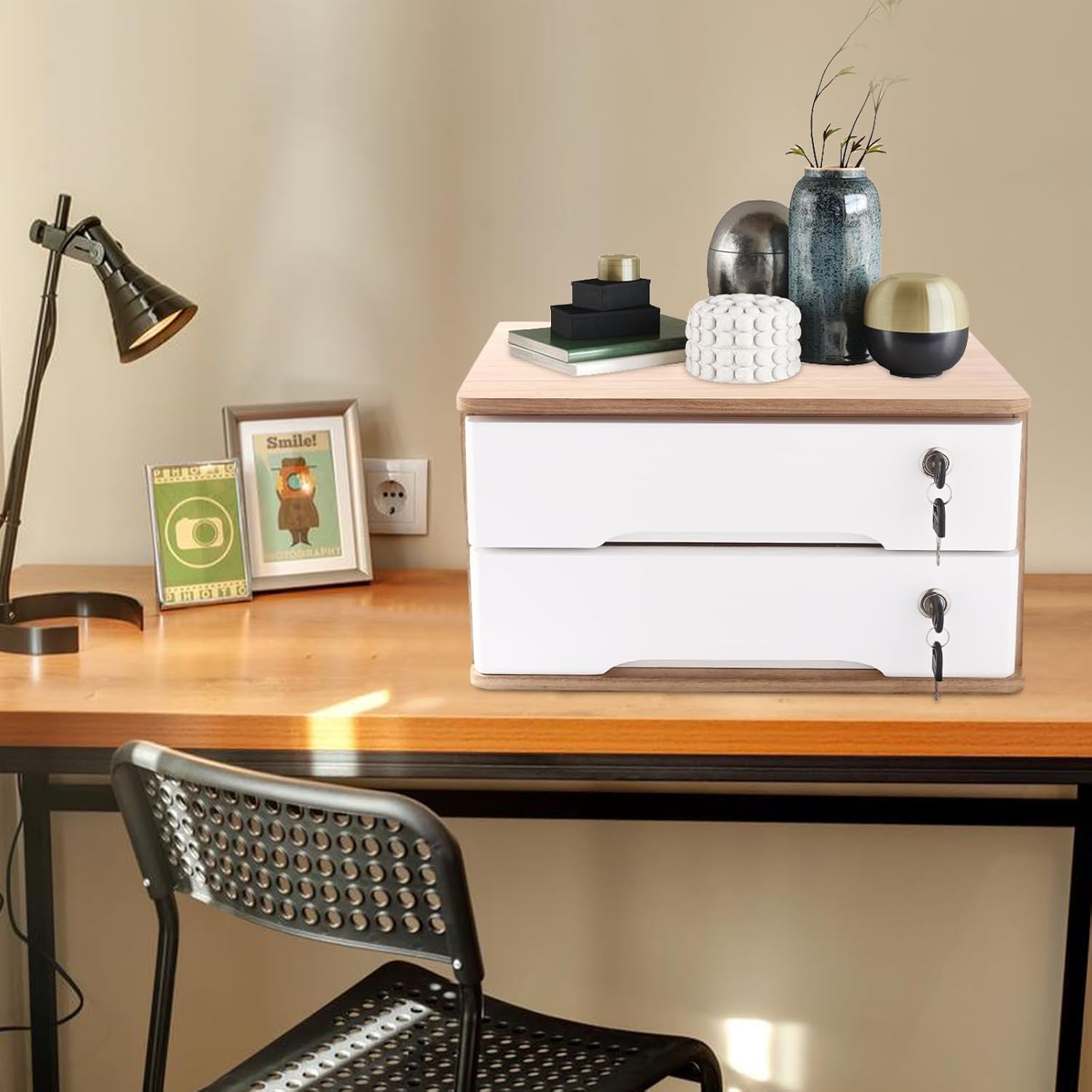 Desktop File Organizer with Lock, 2/3/4 Tier Multi-Drawer Wooden Storage Cabinet, Office Supply Organizer for Home Desk, Study & Workplace (Natural + White, 2 Layers)