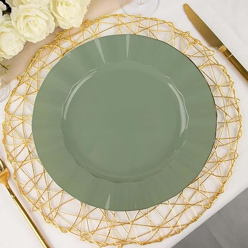 Miniatura 7 de TABLECLOTHSFACTORY - Paquete de 10 platos redondos de plástico negro de 9 pulgadas, vajilla desechable con borde ondulado dorado para bodas,